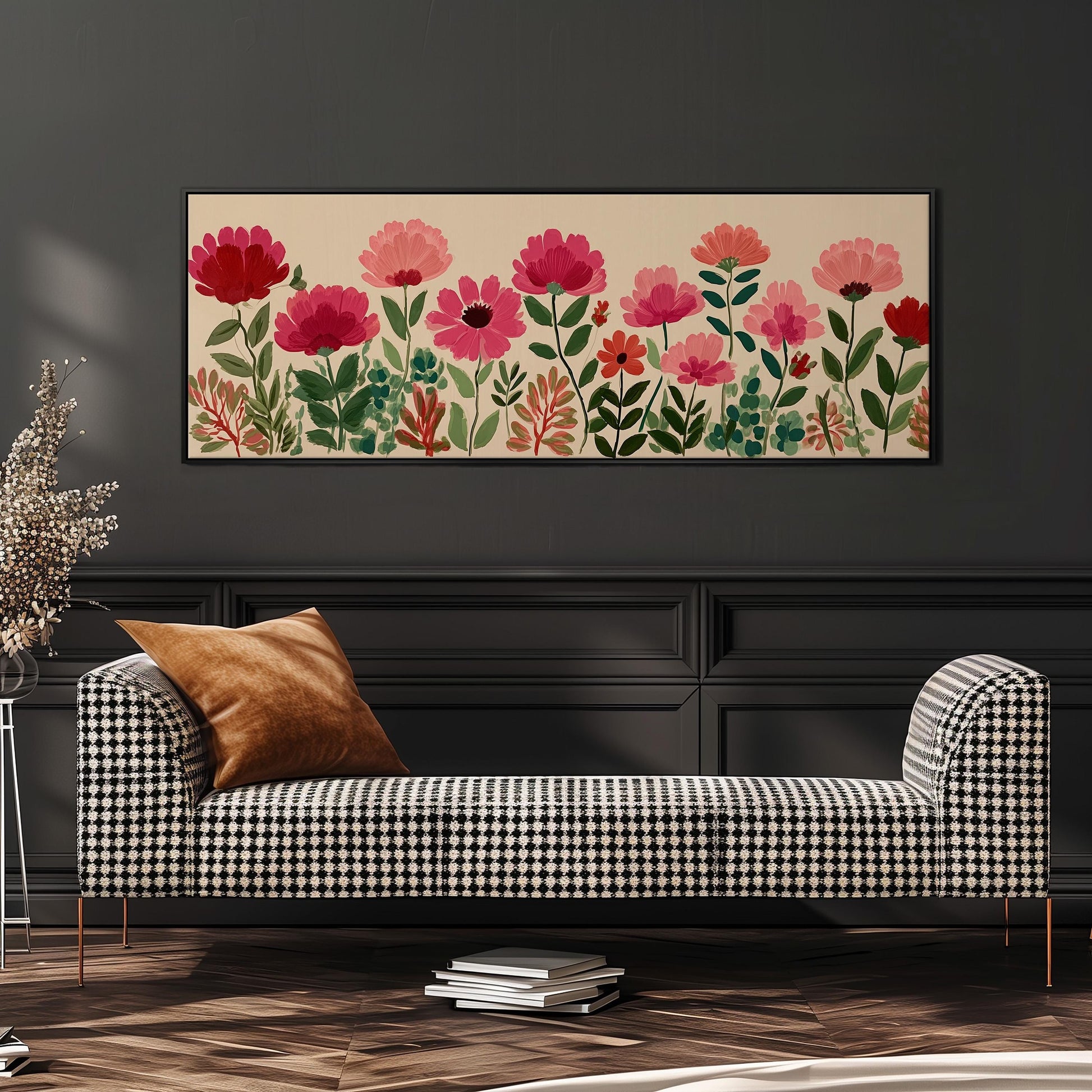 a black and white checkered sofa with a brown throw pillow, set against a dark wall with a large floral print above it.