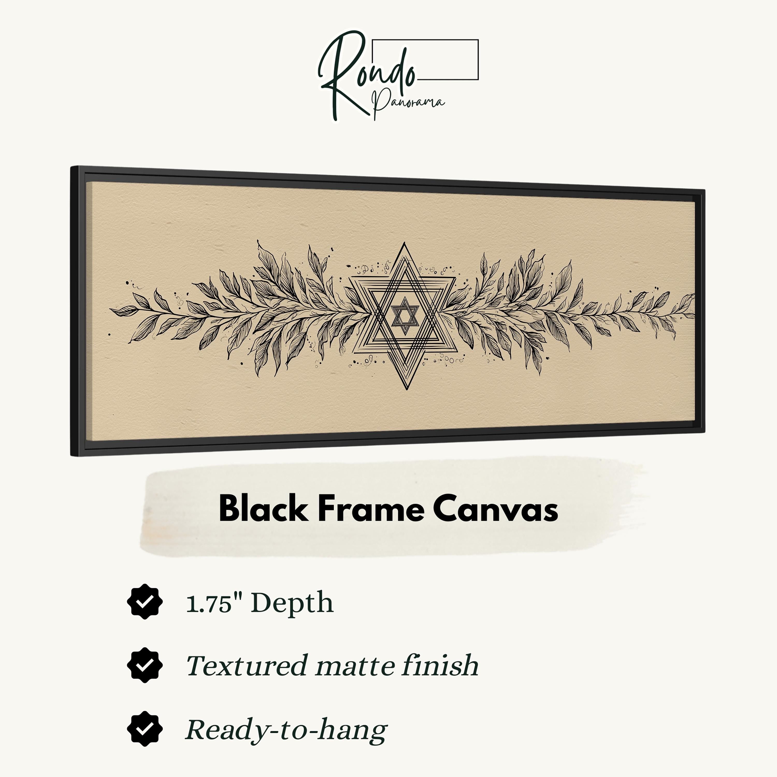 The image is a black frame canvas with a detailed design featuring a Star of David and leaves. The frame has a 1.75" depth and is textured with a matte finish. It is ready to hang.