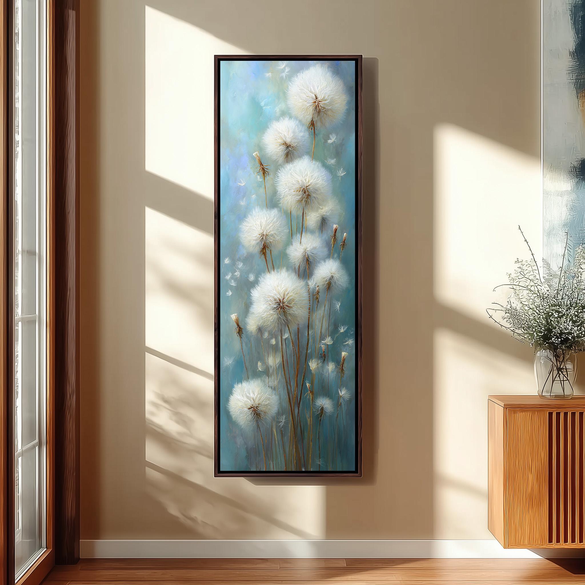 a large framed painting of dandelions hanging on a wall in a room with a wooden cabinet and a vase of flowers.
