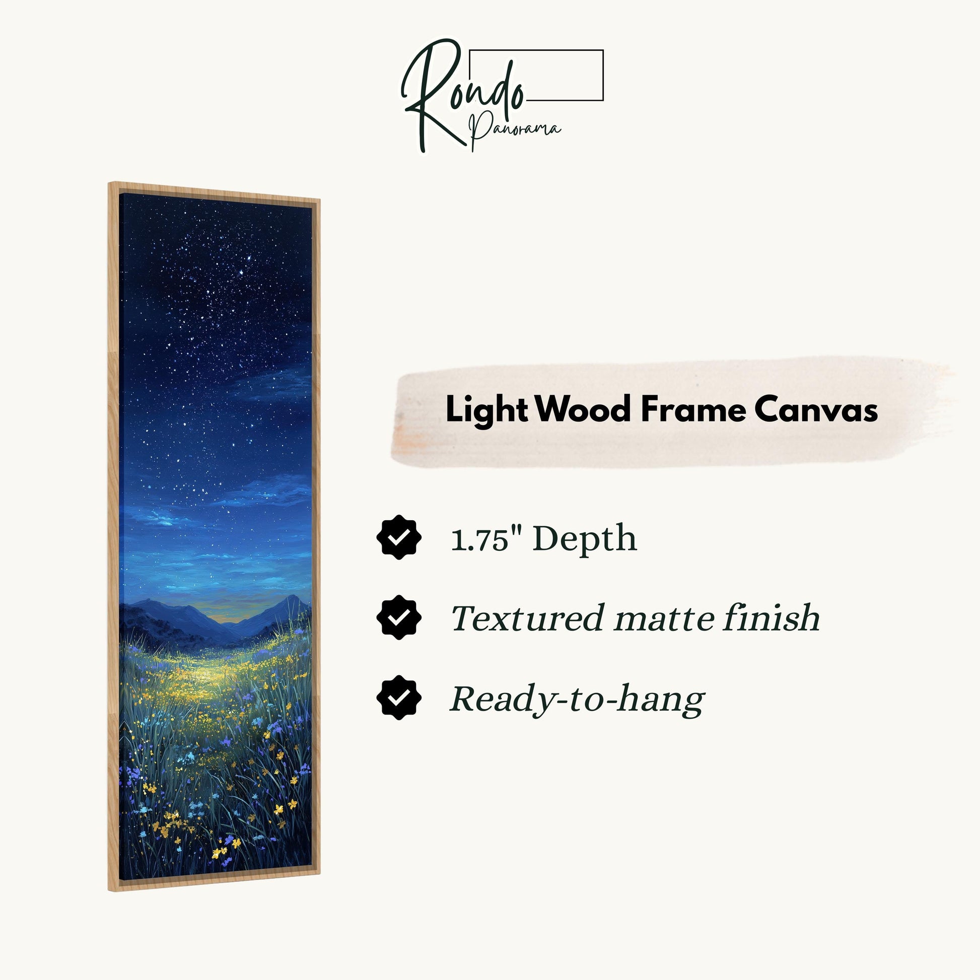 The image is a rectangular frame with a painting of a night sky with stars and a field of flowers.