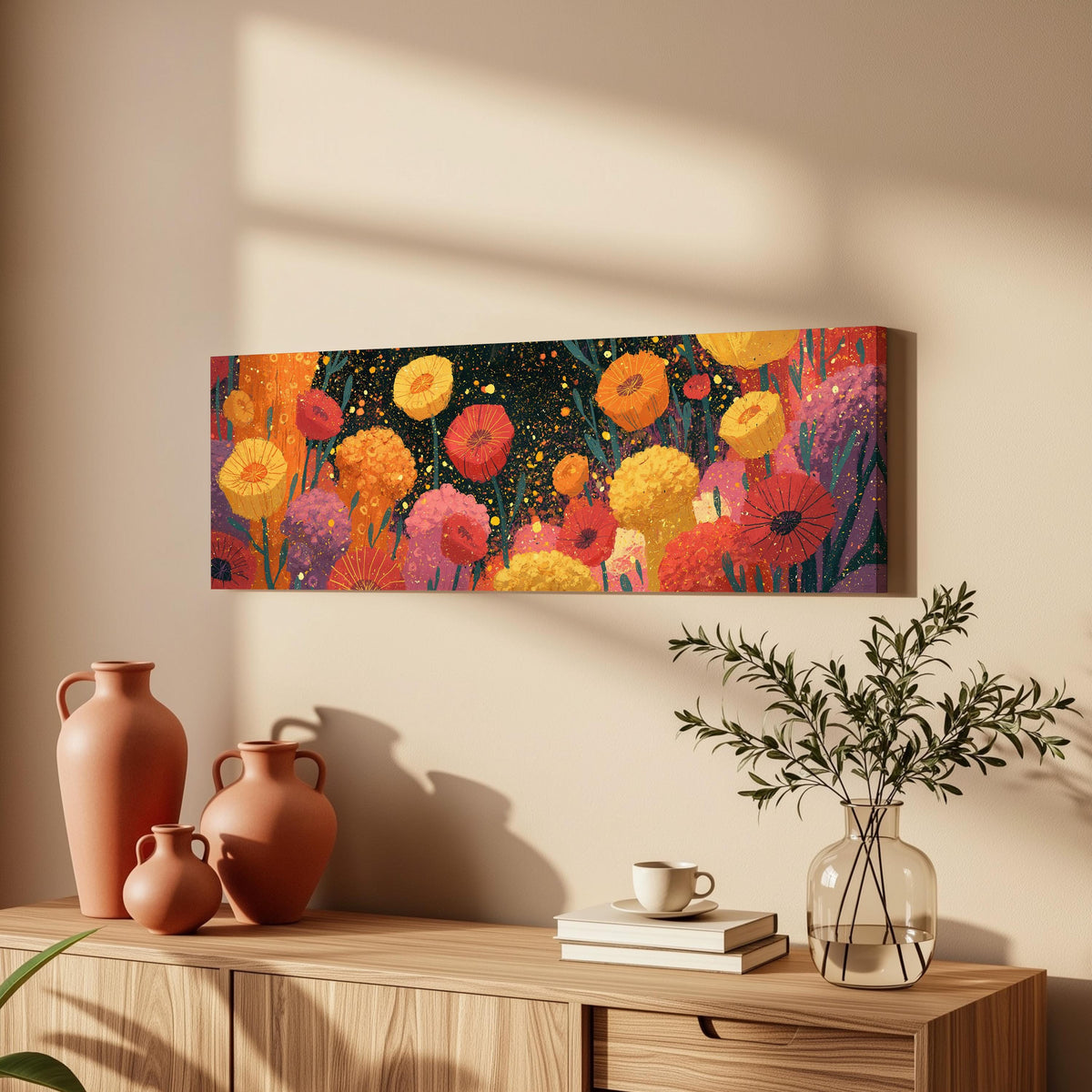 Confetti poppy field long horizontal canvas print above a wooden sideboard