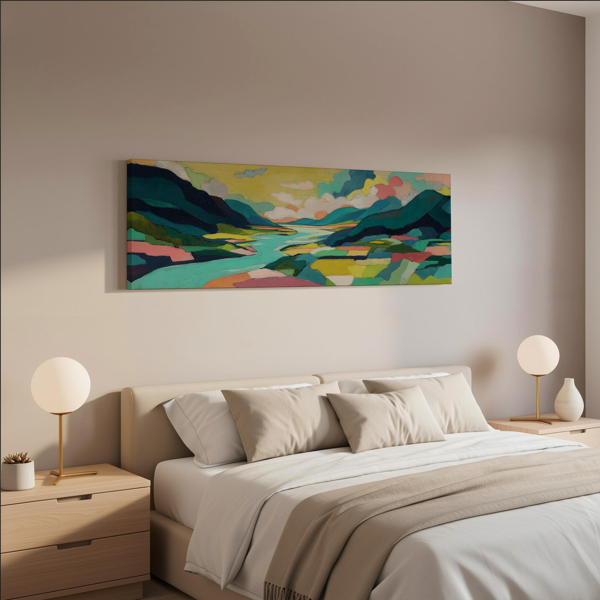 a modern bedroom with a large, colorful landscape painting hanging on the wall above a bed with white bedding and pillows.