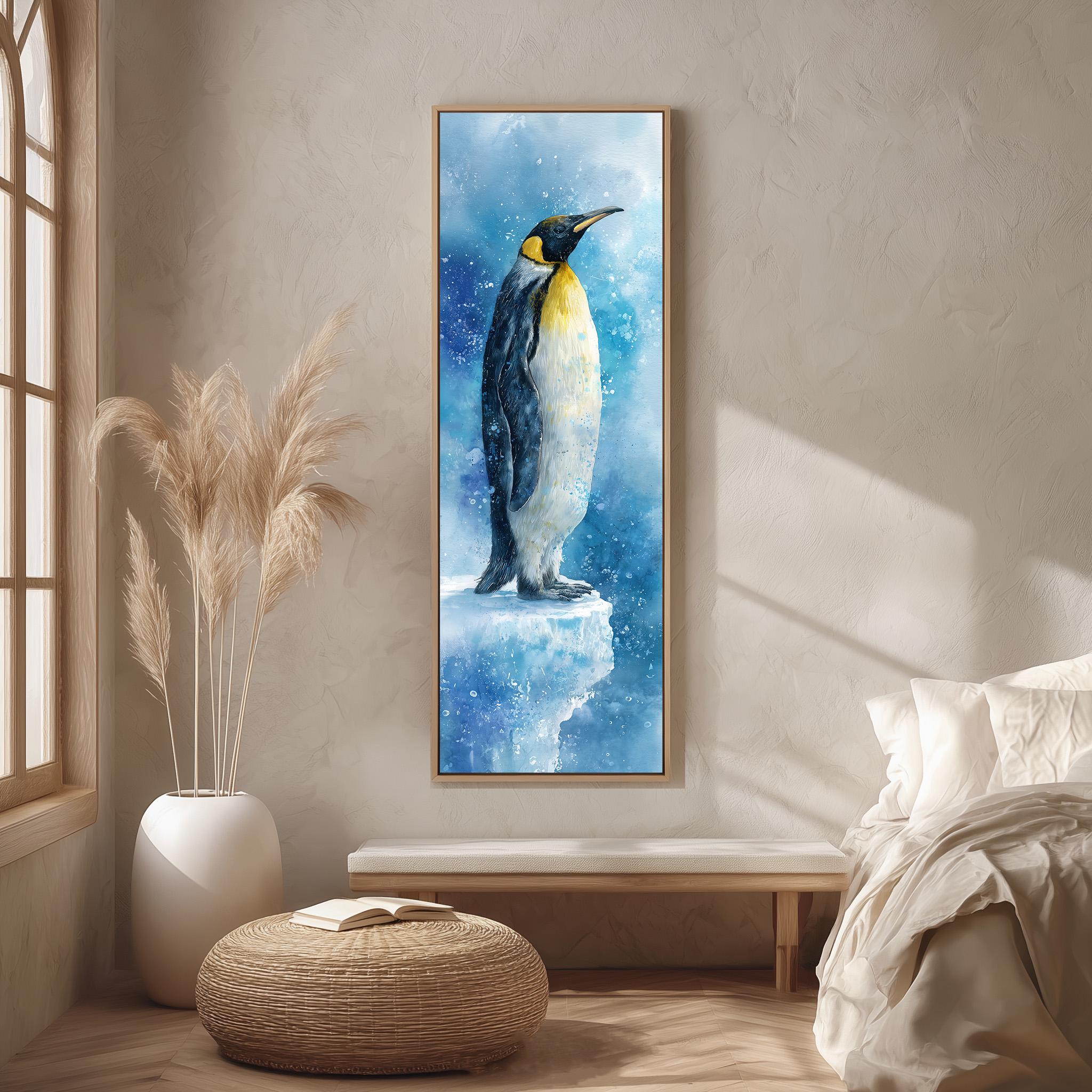 a large painting of a penguin standing on a snowy surface, with a blue background and white snowflakes. The painting is hanging on a wall in a room with a bed, a potted plant, and a wicker ottoman.