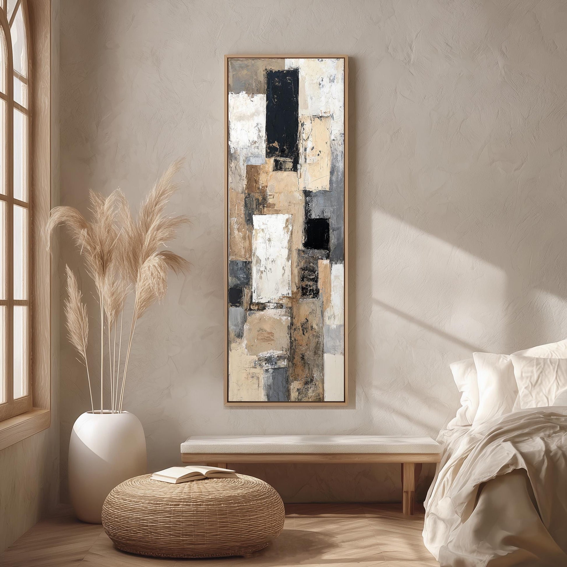 a serene and modern bedroom with a large abstract painting hanging on the wall, a white bed with a white pillow, a white vase with tall potted plants, and a woven ottoman.