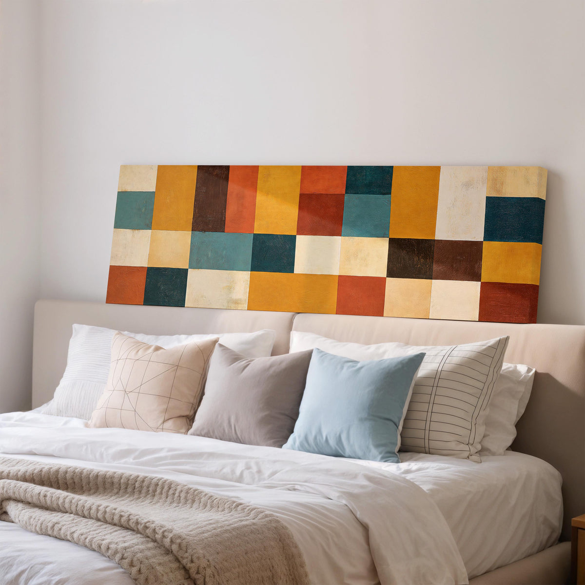 Ochre, rust and teal patchwork blocks wide panoramic canvas print above a bed in a bedroom