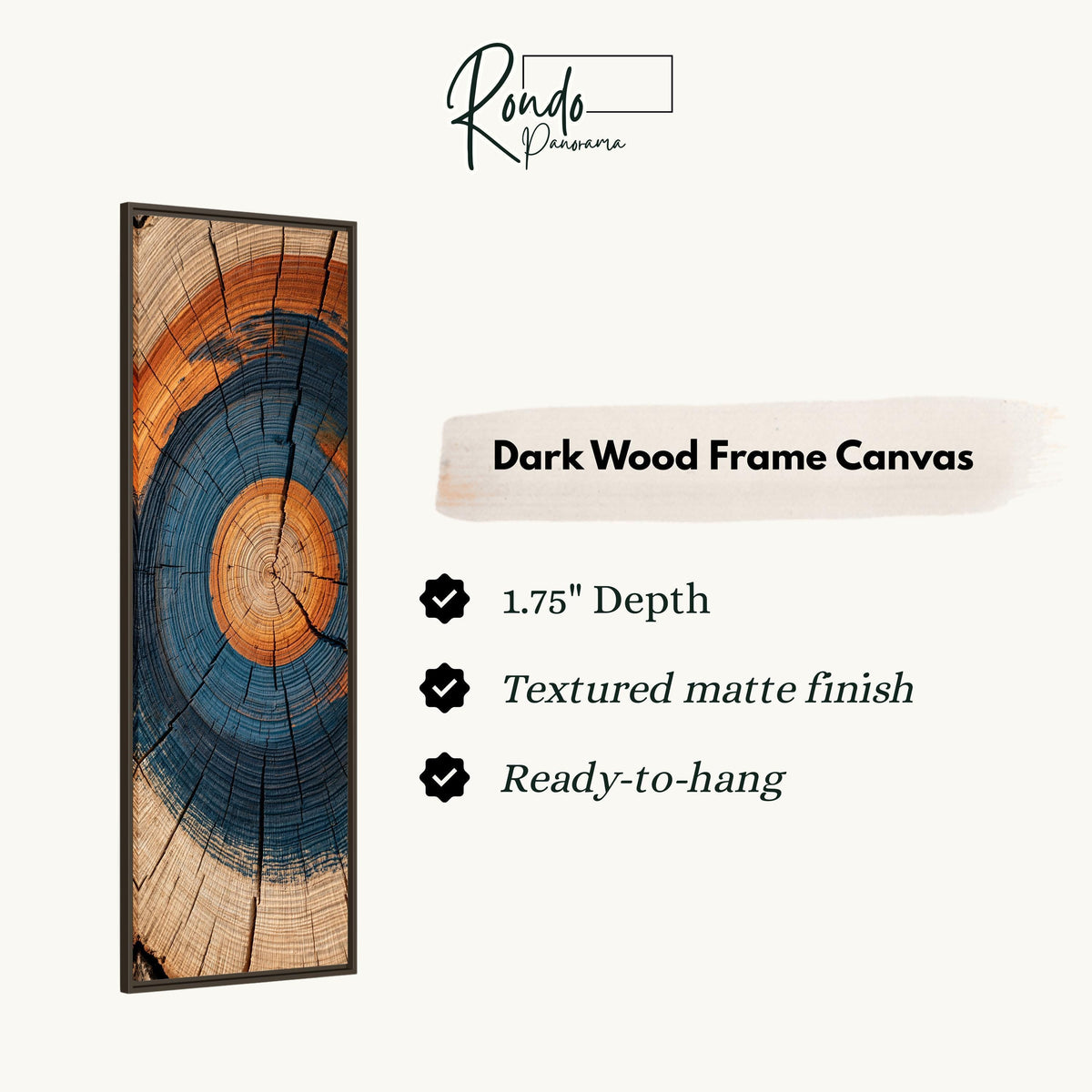 Blue and orange tree ring canvas print in a dark wood floating frame