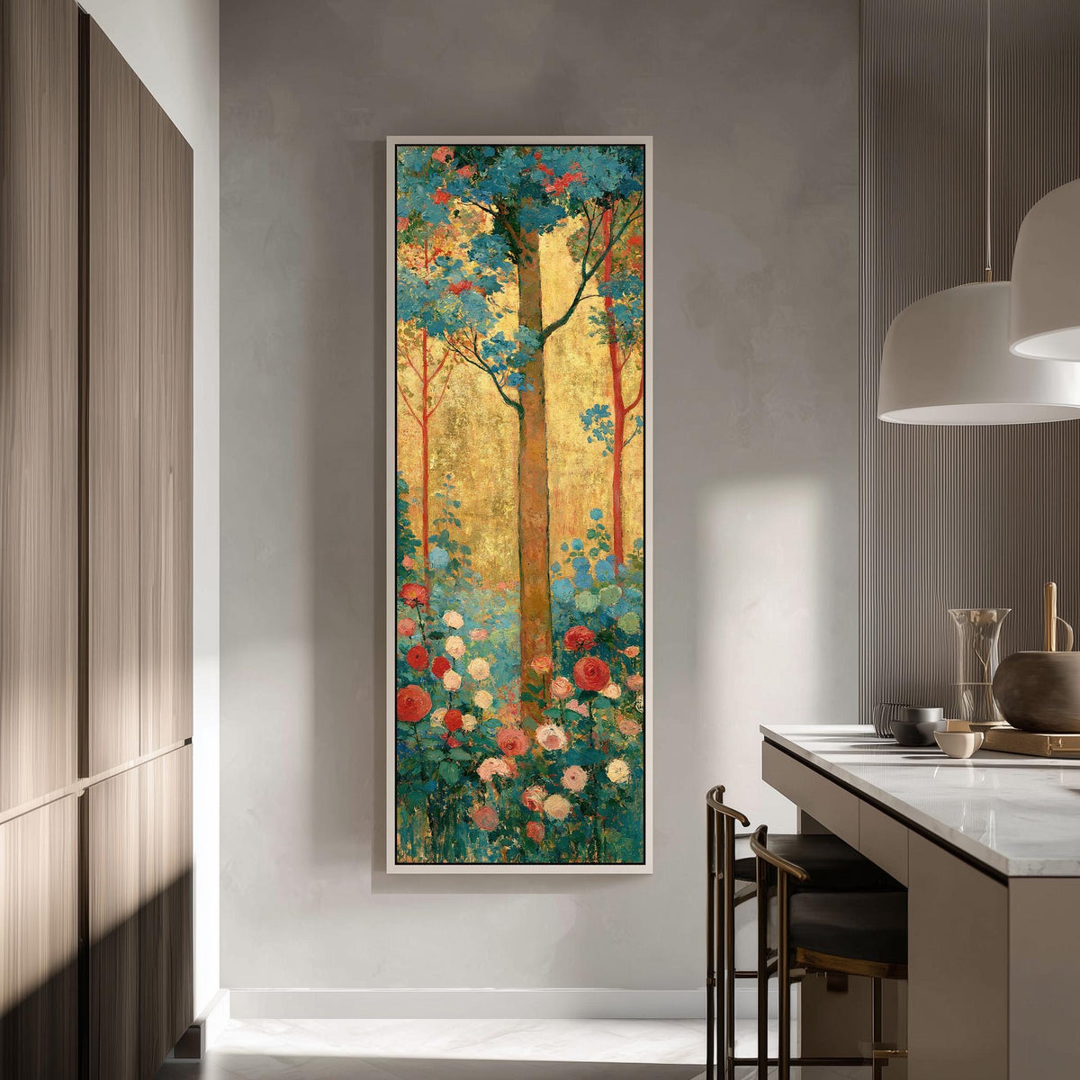 Golden tree with roses in an Art Nouveau style tall skinny canvas print in a modern kitchen