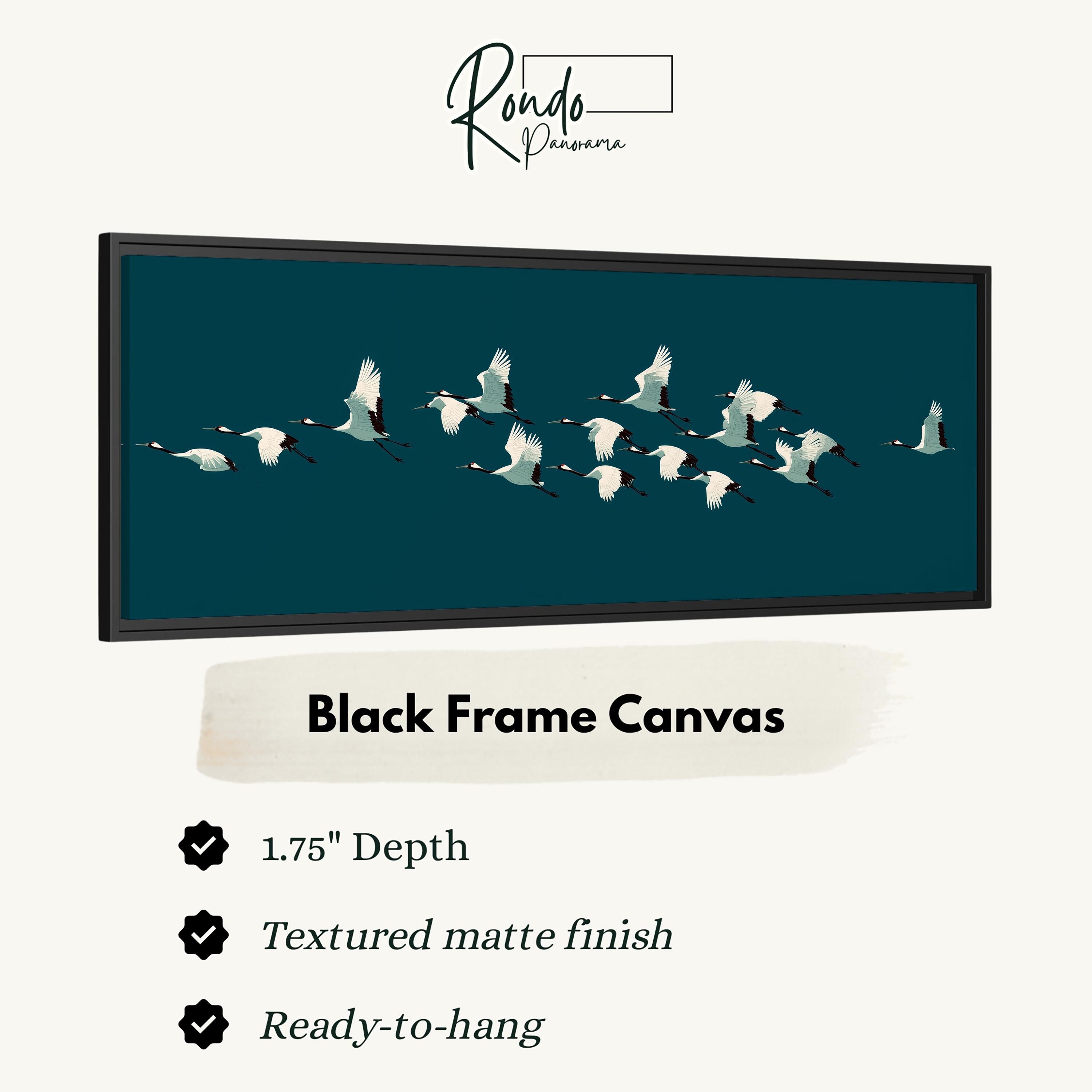 a black frame canvas with a flock of white birds flying across a dark blue background.