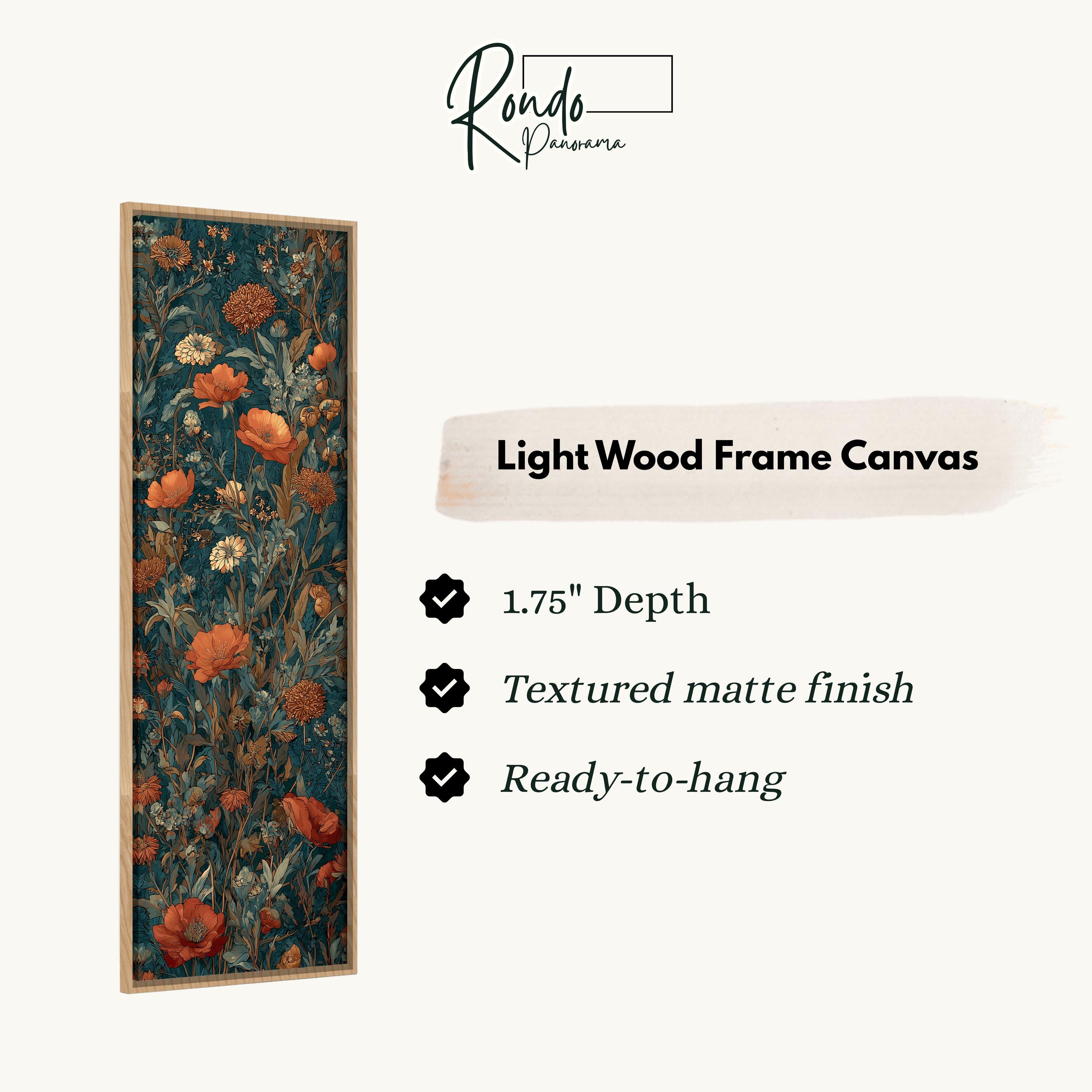 The image is a product description for a light wood frame canvas. It features a vertical frame with a floral pattern of orange and green flowers. The frame has a 1.75" depth, a textured matte finish, and is ready to hang.