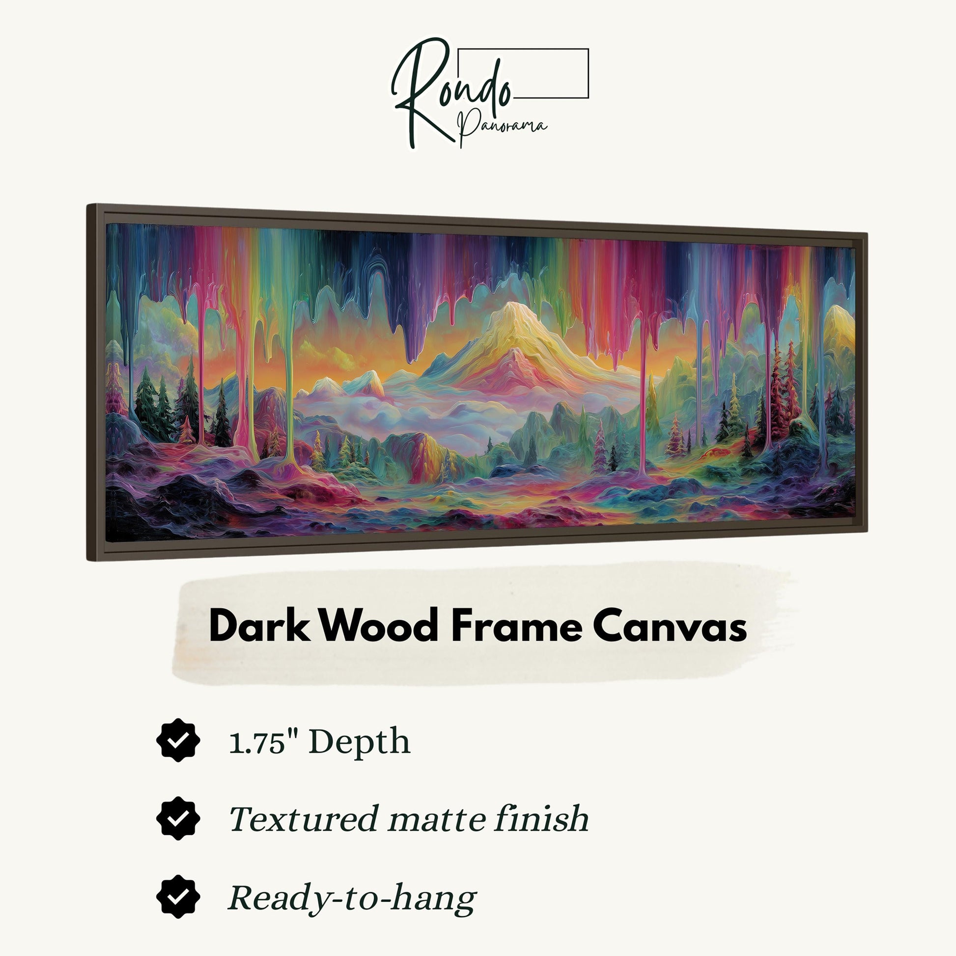The image is a framed canvas depicting a vibrant, colorful landscape with a mountain in the background.