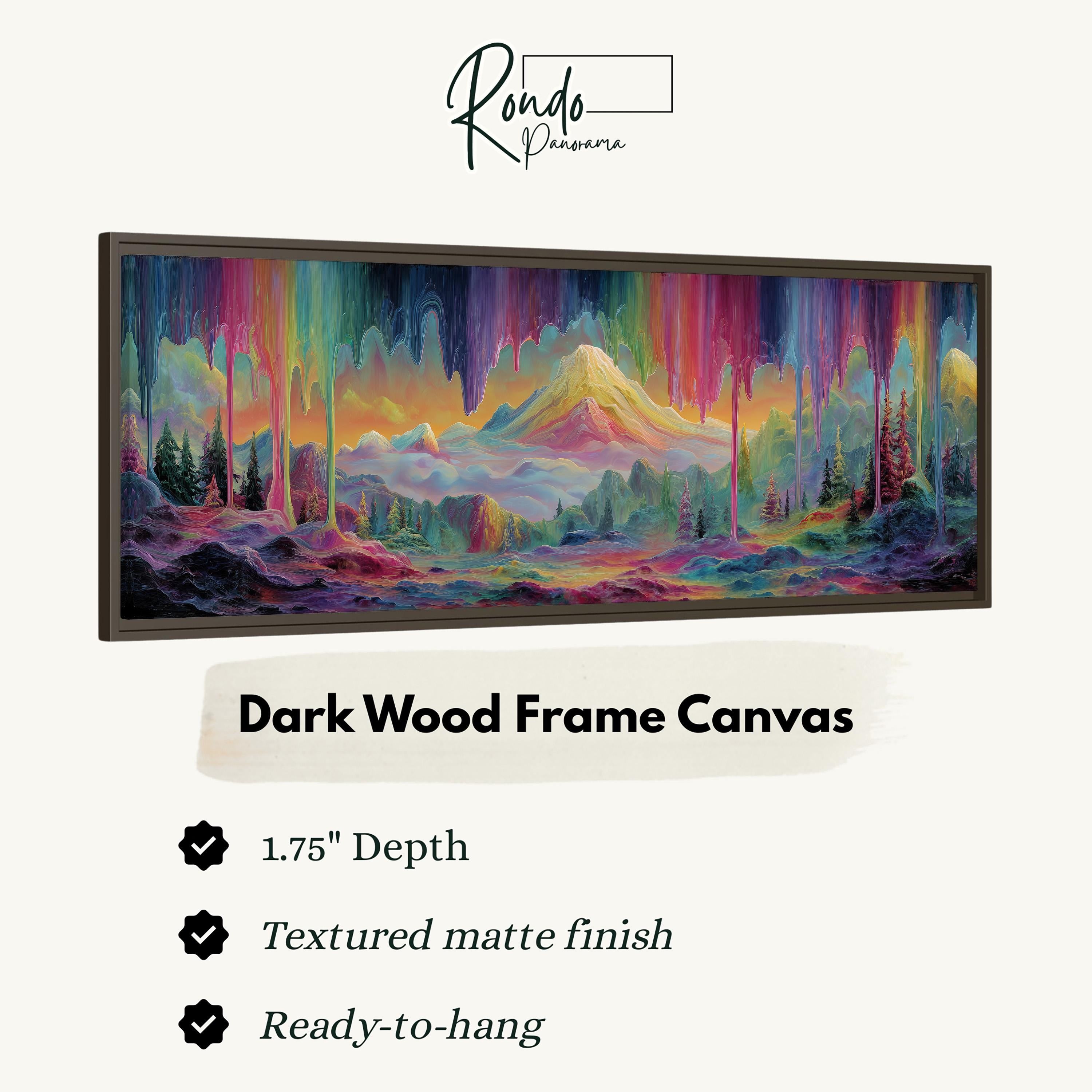The image is a framed canvas depicting a vibrant, colorful landscape with a mountain in the background.