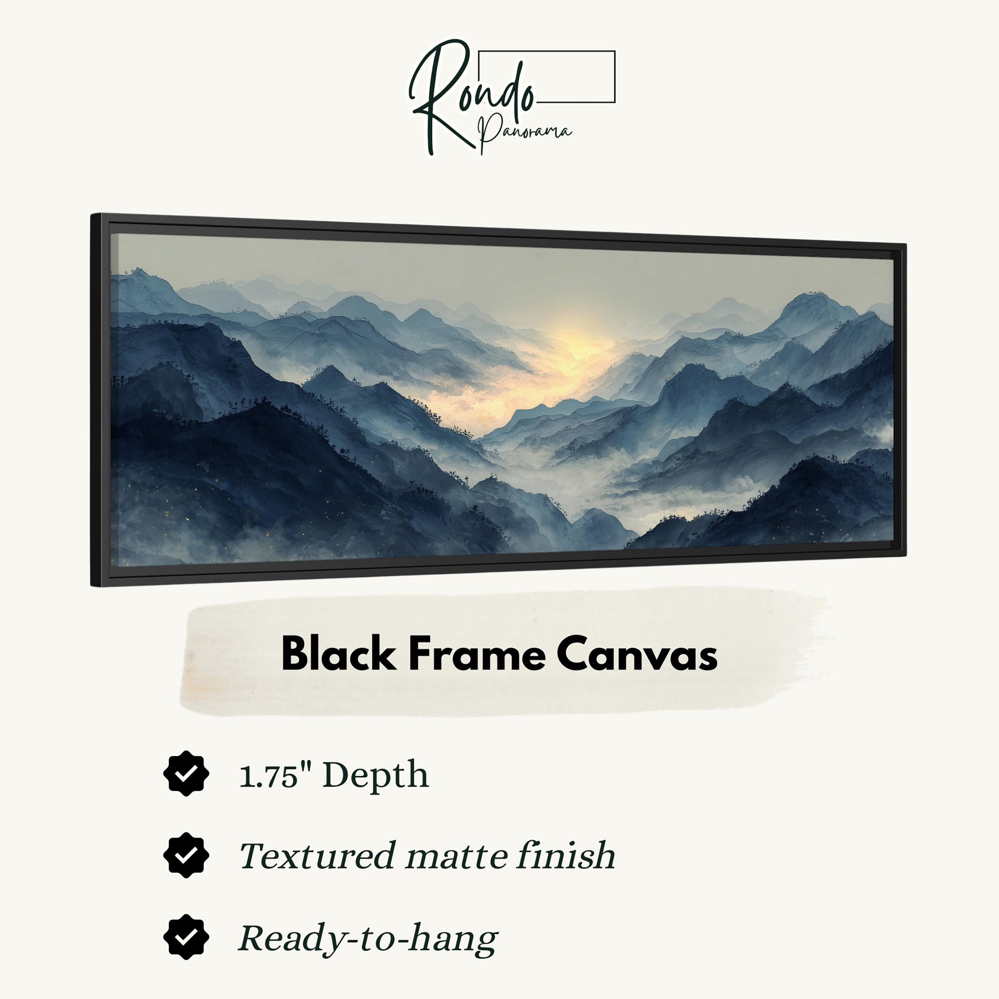The image is a black frame canvas depicting a mountainous landscape with a hazy, misty atmosphere.