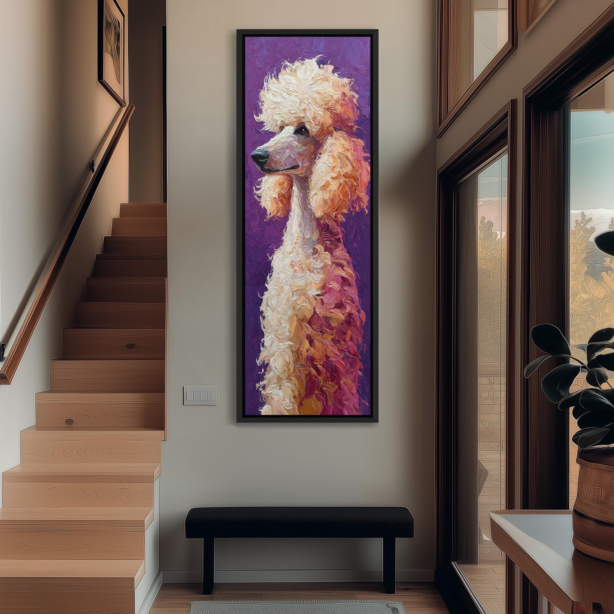 a large, colorful painting of a poodle hanging on the wall of a hallway.