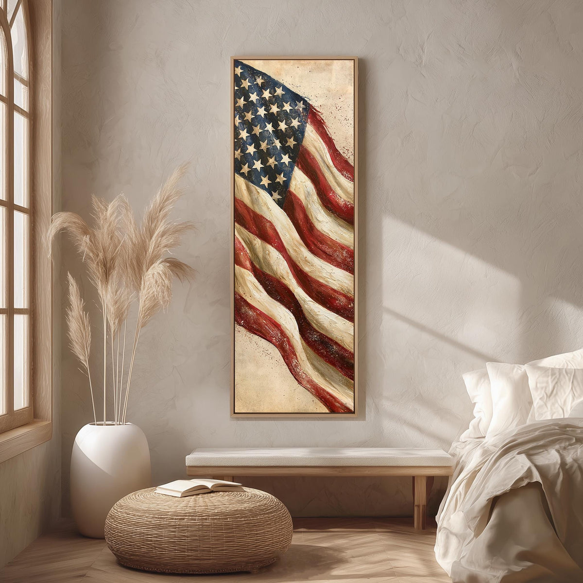Textured waving American flag long vertical canvas print in a bright reading corner