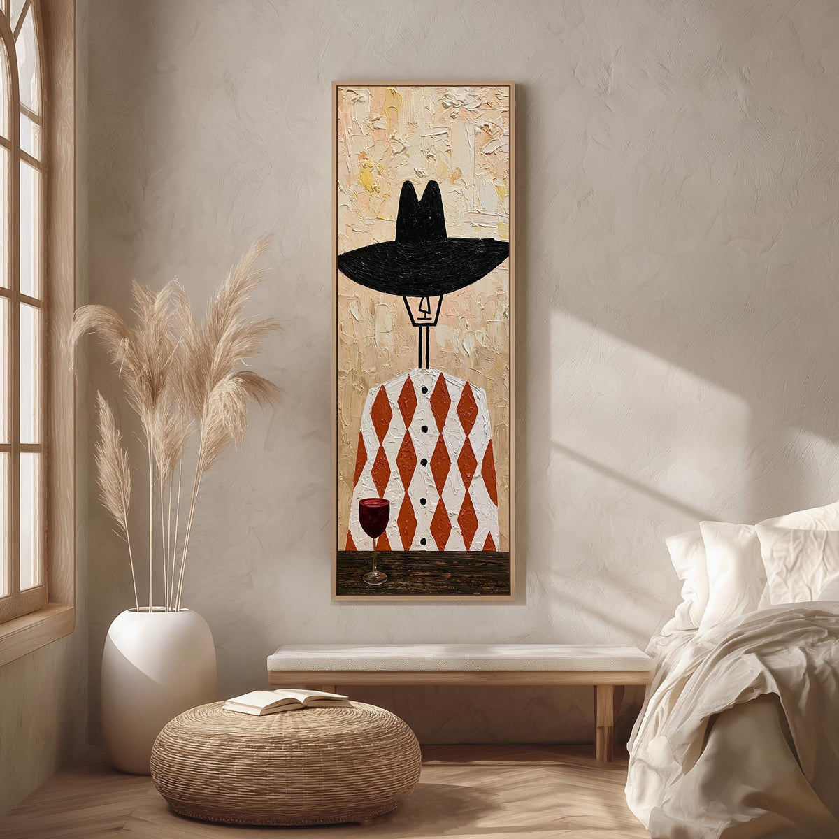 Folk figure in a black hat with red wine long vertical canvas print in a bright reading corner
