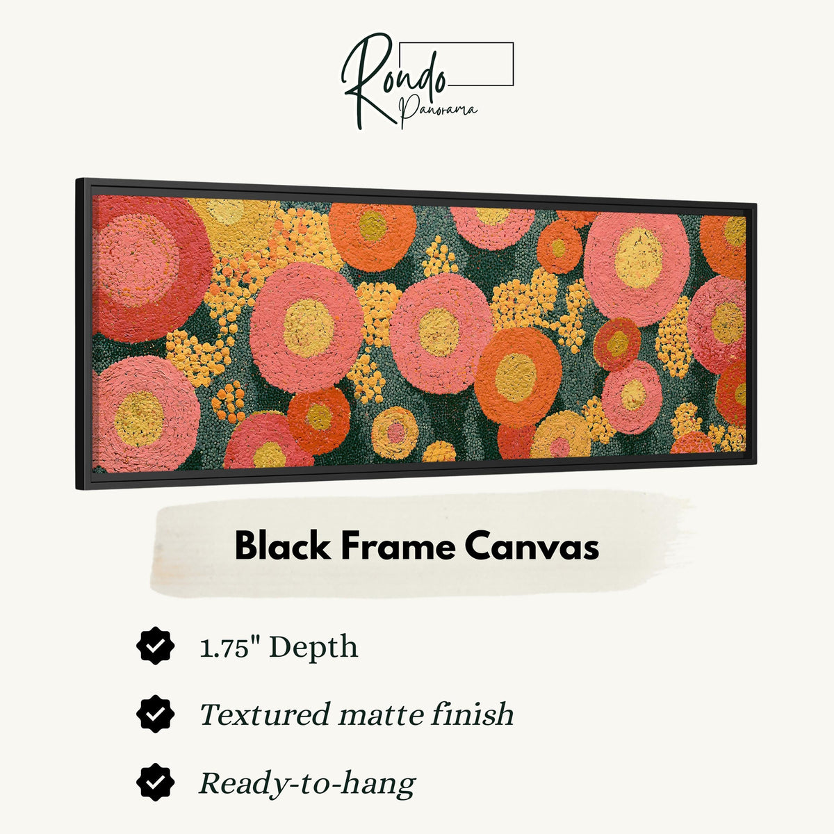 Pink circle blooms canvas print in a black floating frame