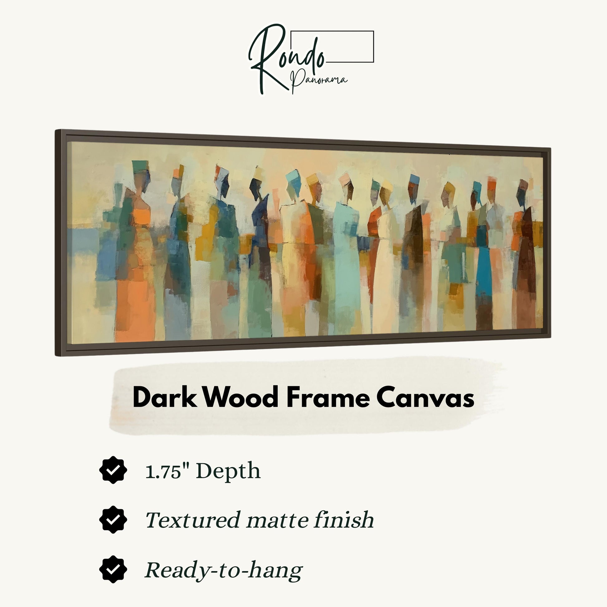 The image is a framed artwork depicting a group of people in various poses and colors.