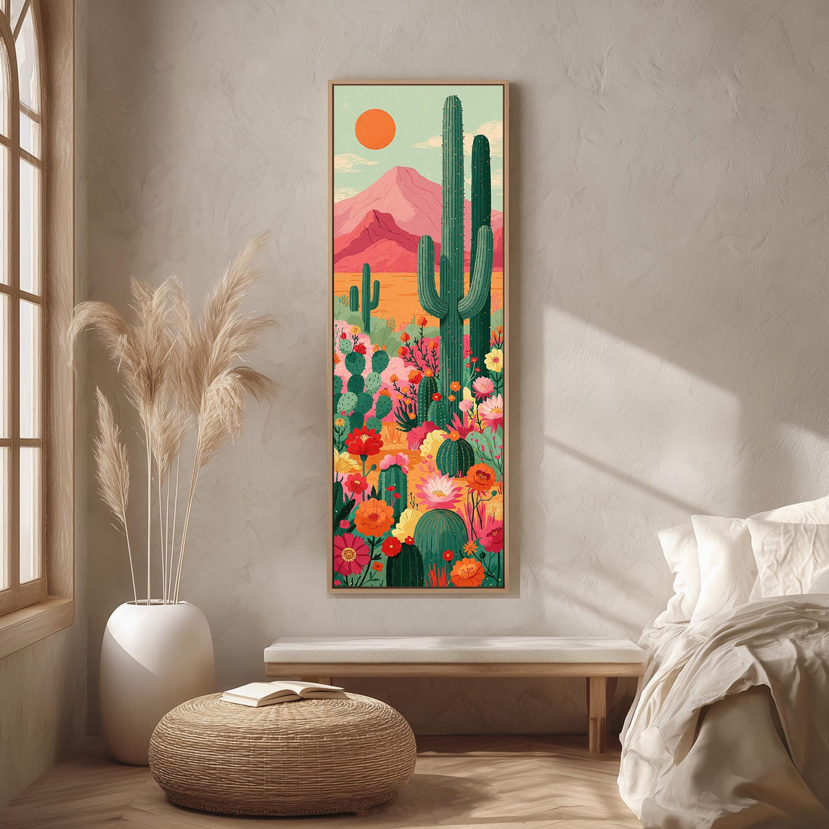 Cacti and flowers under a pink mountain long vertical canvas print in a bright reading corner