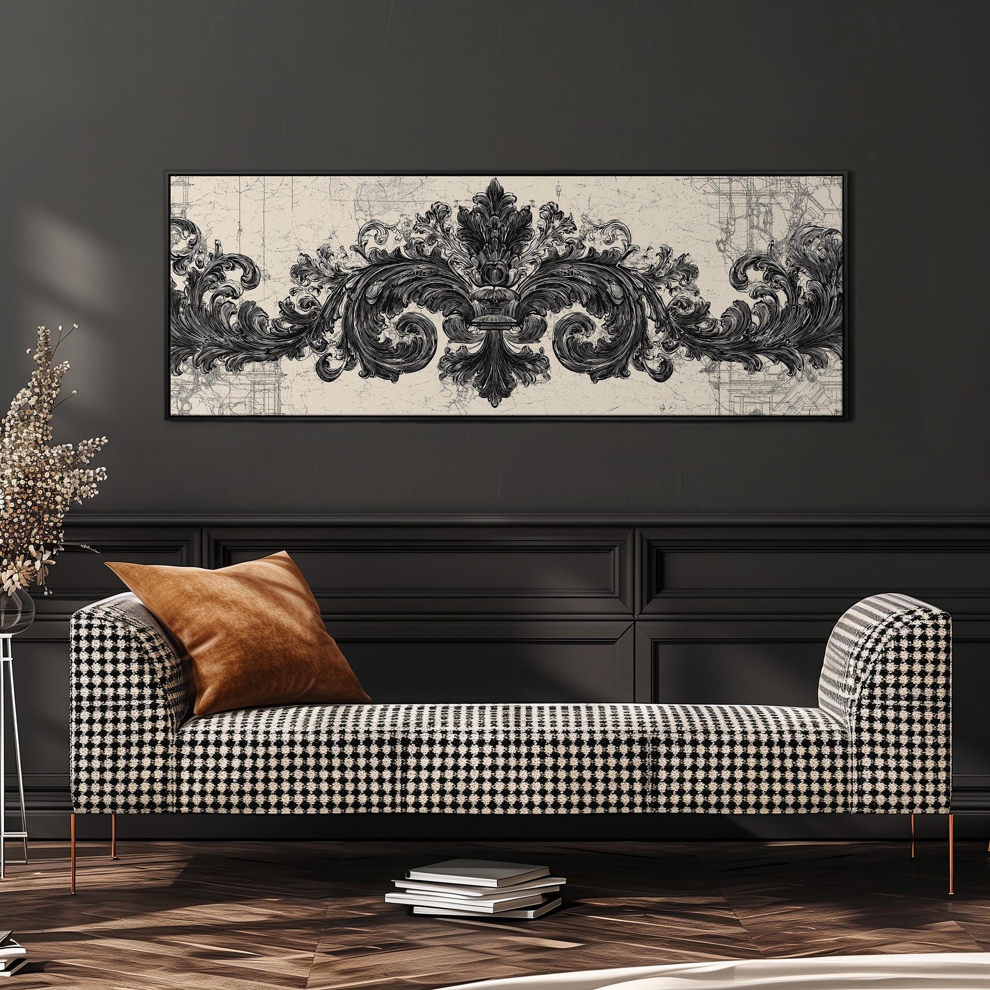 a black and white checkered sofa with a brown throw pillow, set against a dark wall with a large framed artwork above it.