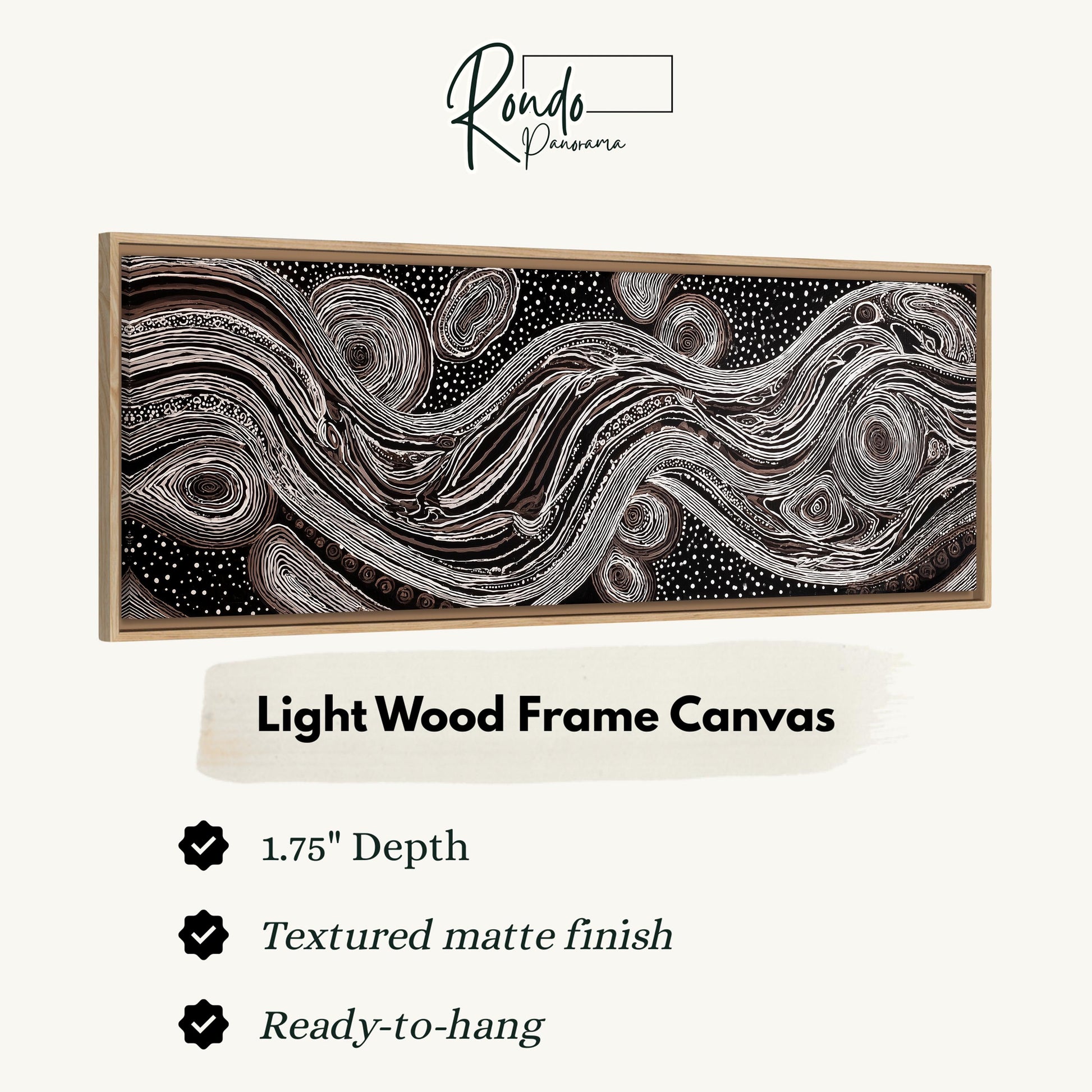 a large, abstract artwork with a light wood frame. The artwork has a 1.75" depth and is textured with a matte finish. It is ready to hang and is described as a Light Wood Frame Canvas.