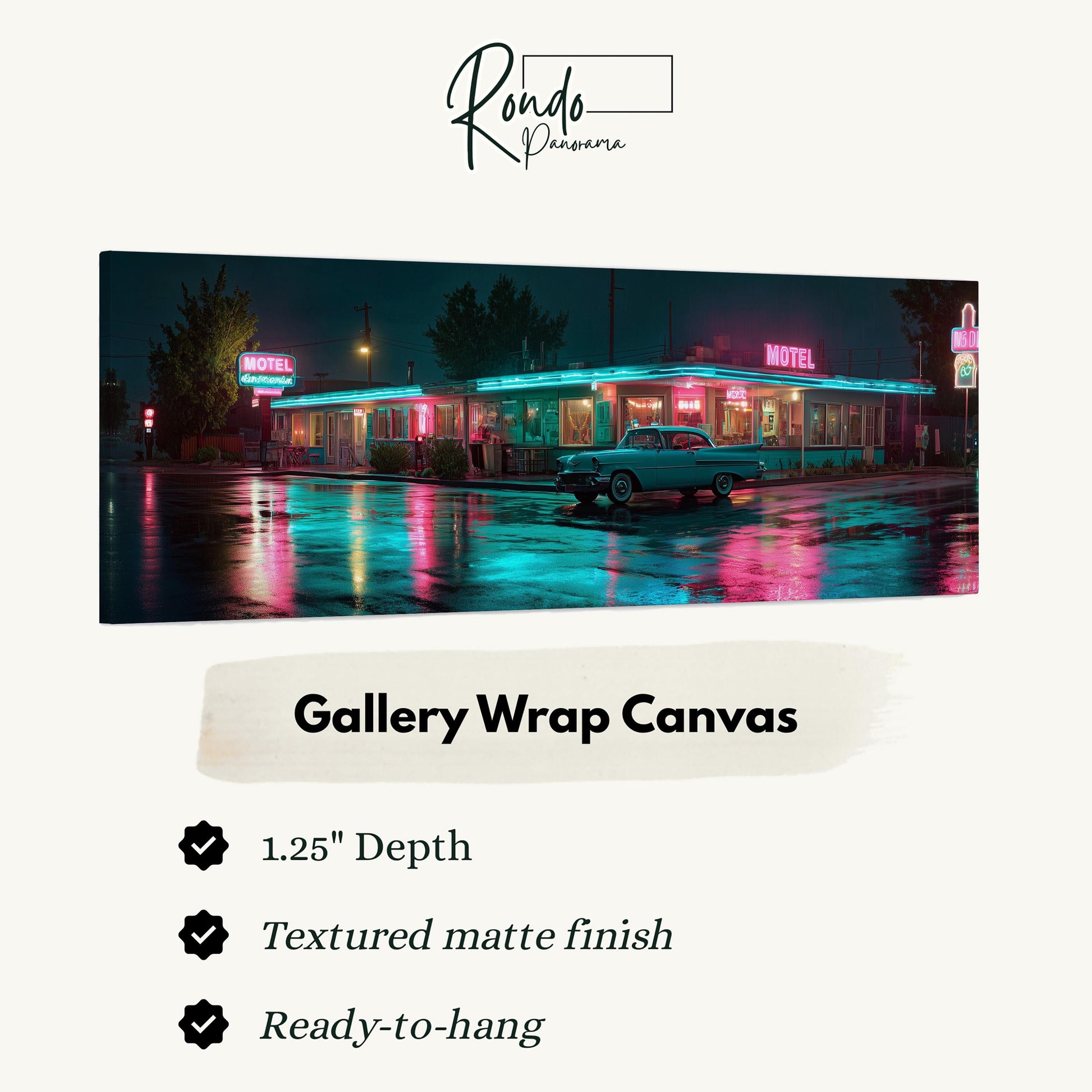 A vintage motel at night, with neon signs and a car parked in front of it. The motel appears to be a motel, as indicated by the "MOTEL" signage. The image is described as a "Gallery Wrap Canvas" and is 1.25" deep, with a textured matte finish and ready-to-hang.