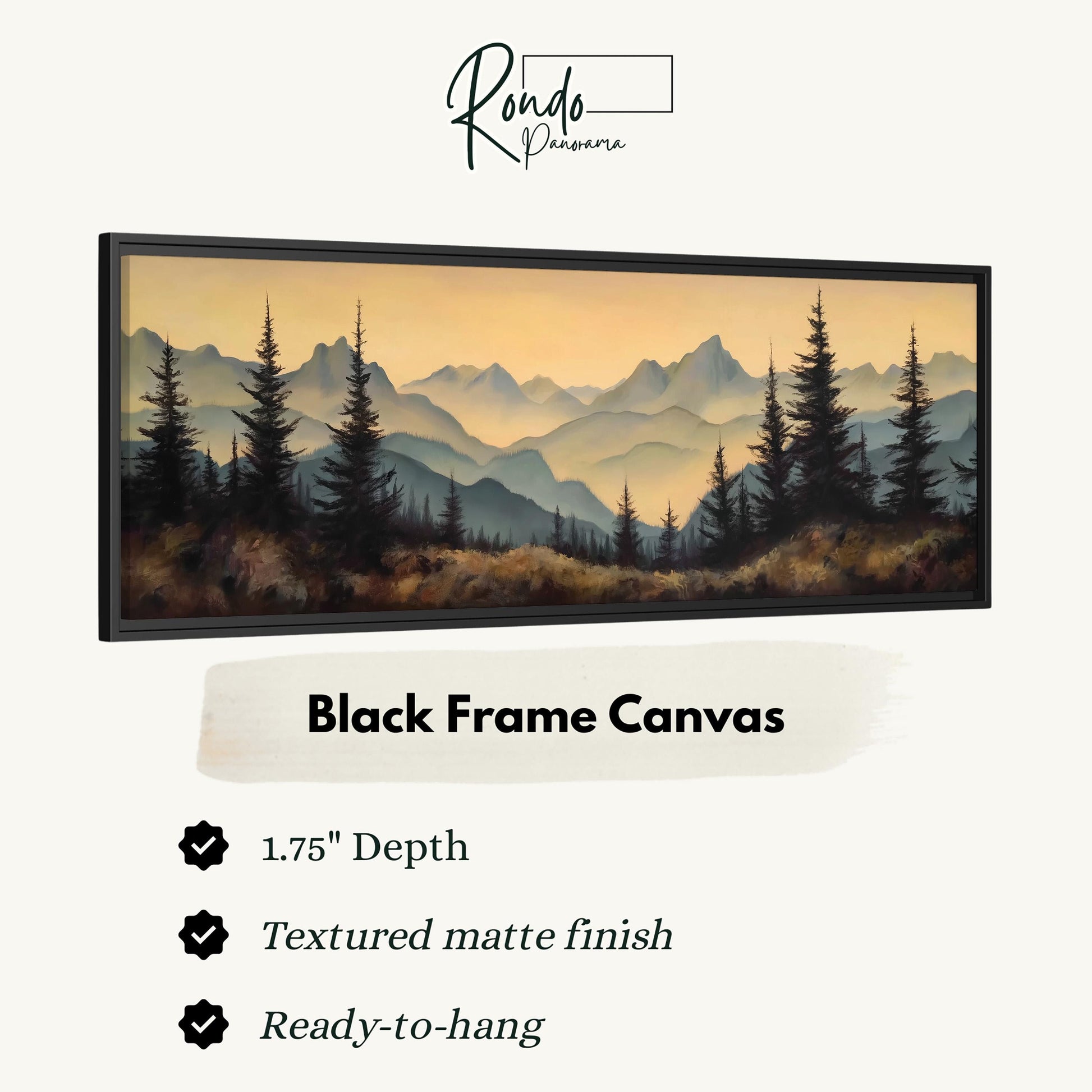 The image is a black frame canvas depicting a scenic mountain landscape with pine trees and a hazy, golden sky.