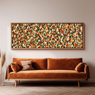 Dense autumn mosaic tiles long horizontal canvas print above a sofa in a living room