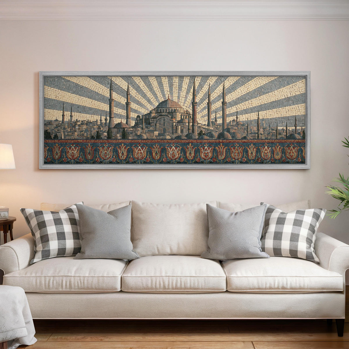 Istanbul skyline at sunrise panoramic canvas print above a white sofa in a bright living room