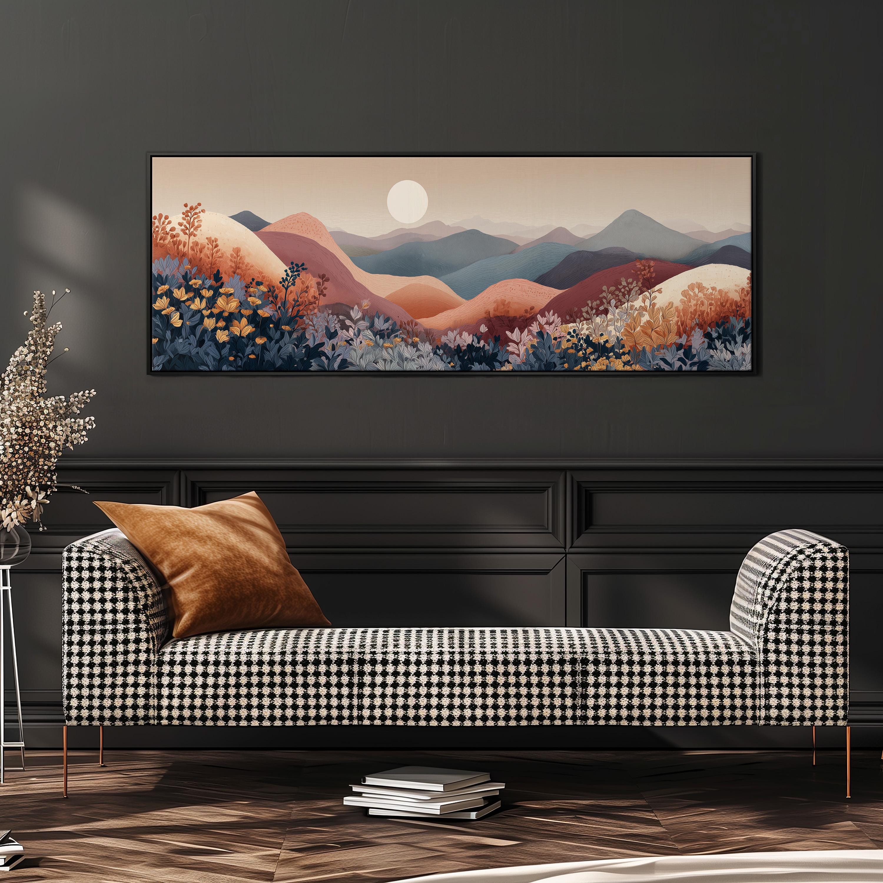 a large, colorful landscape painting hanging on a wall above a black and white checkered sofa.