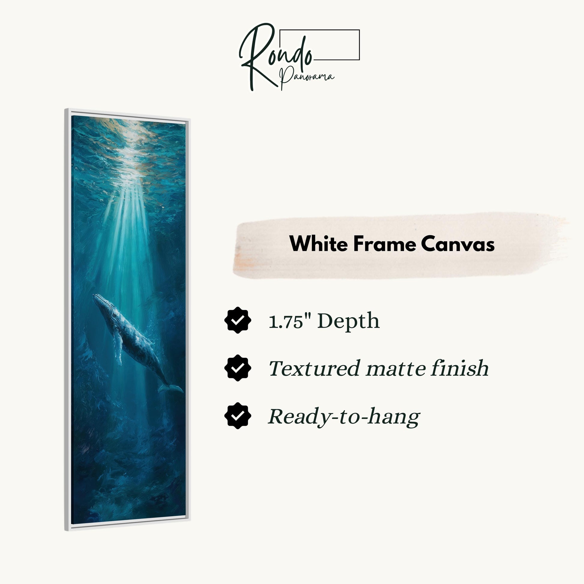 The image is a framed painting of a whale swimming in the ocean, with a white frame.