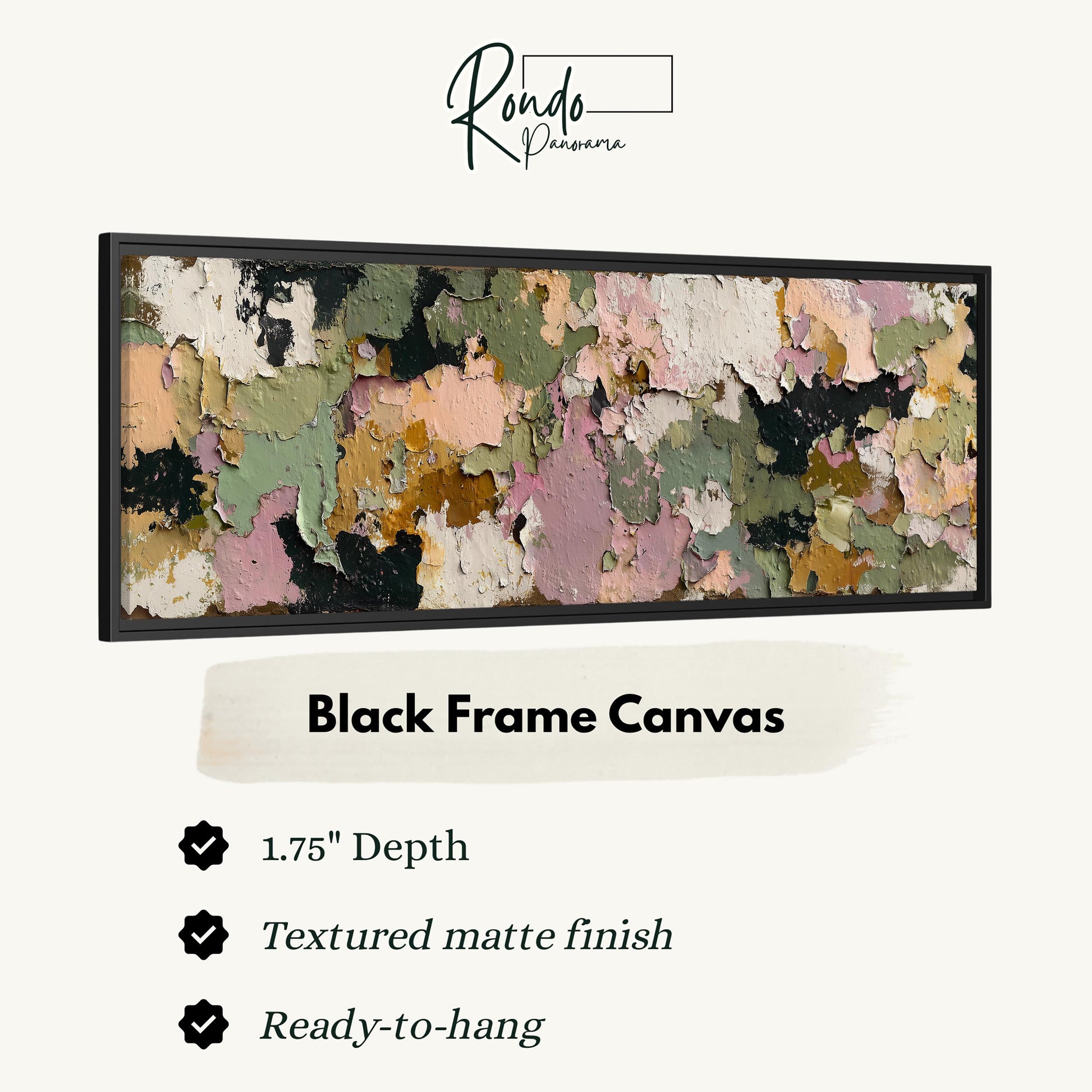 The image is a black frame canvas with a textured matte finish, measuring 1.75" in depth. It is ready to hang and has a textured matte finish.