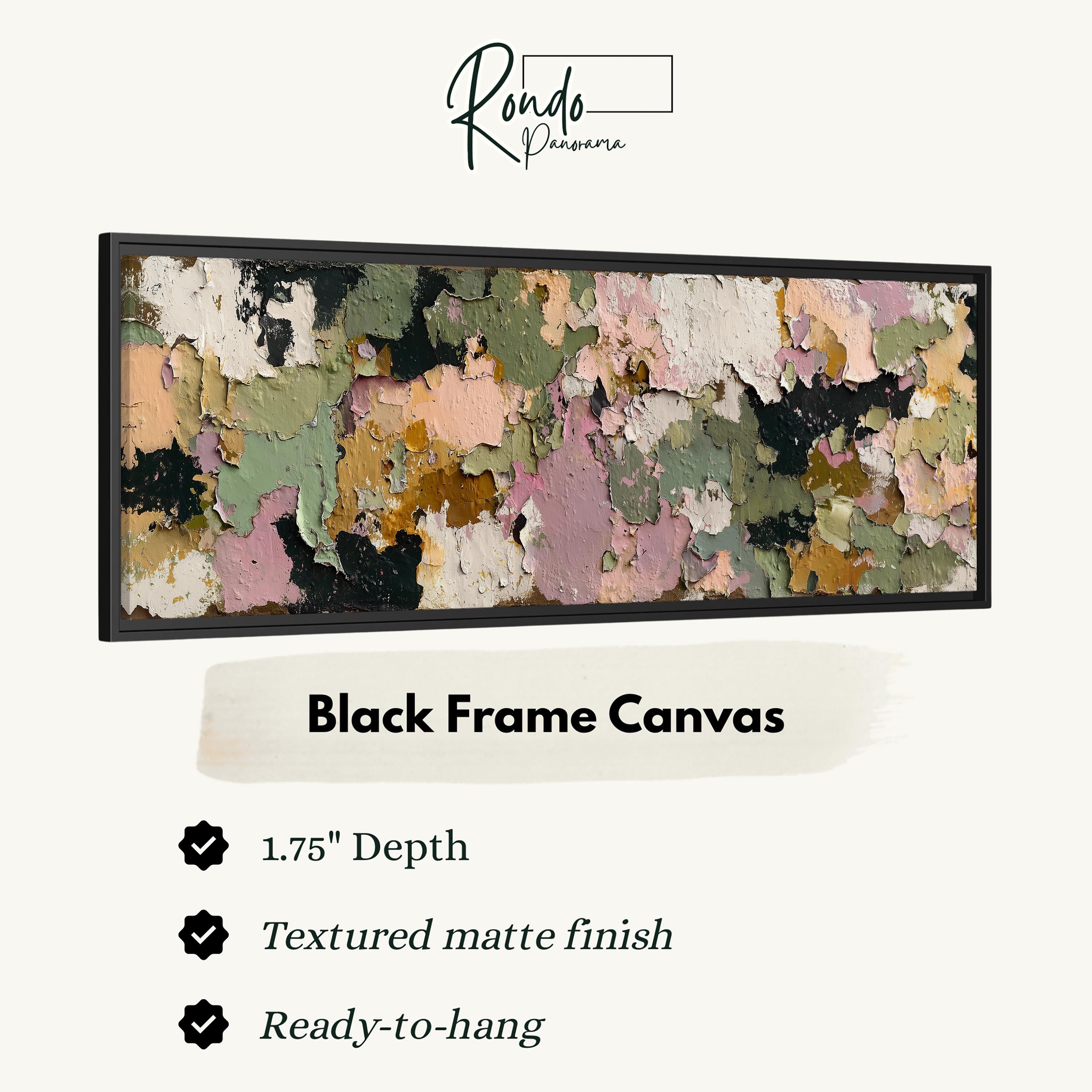 The image is a black frame canvas with a textured matte finish, measuring 1.75" in depth. It is ready to hang and has a textured matte finish.