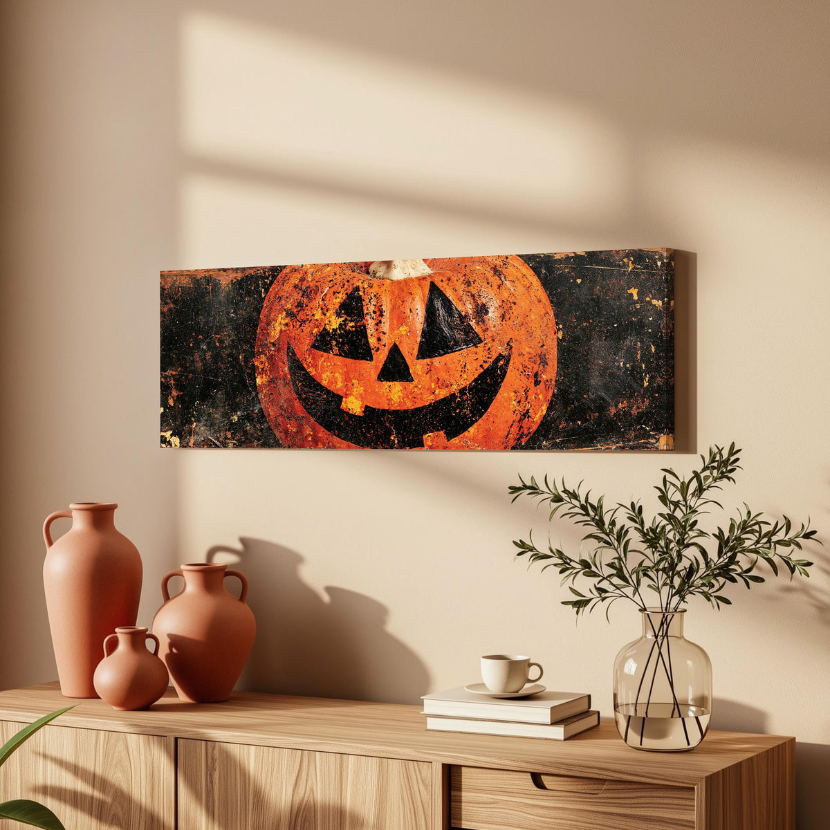 Rustic distressed jack-o'-lantern long horizontal canvas print above a wooden sideboard