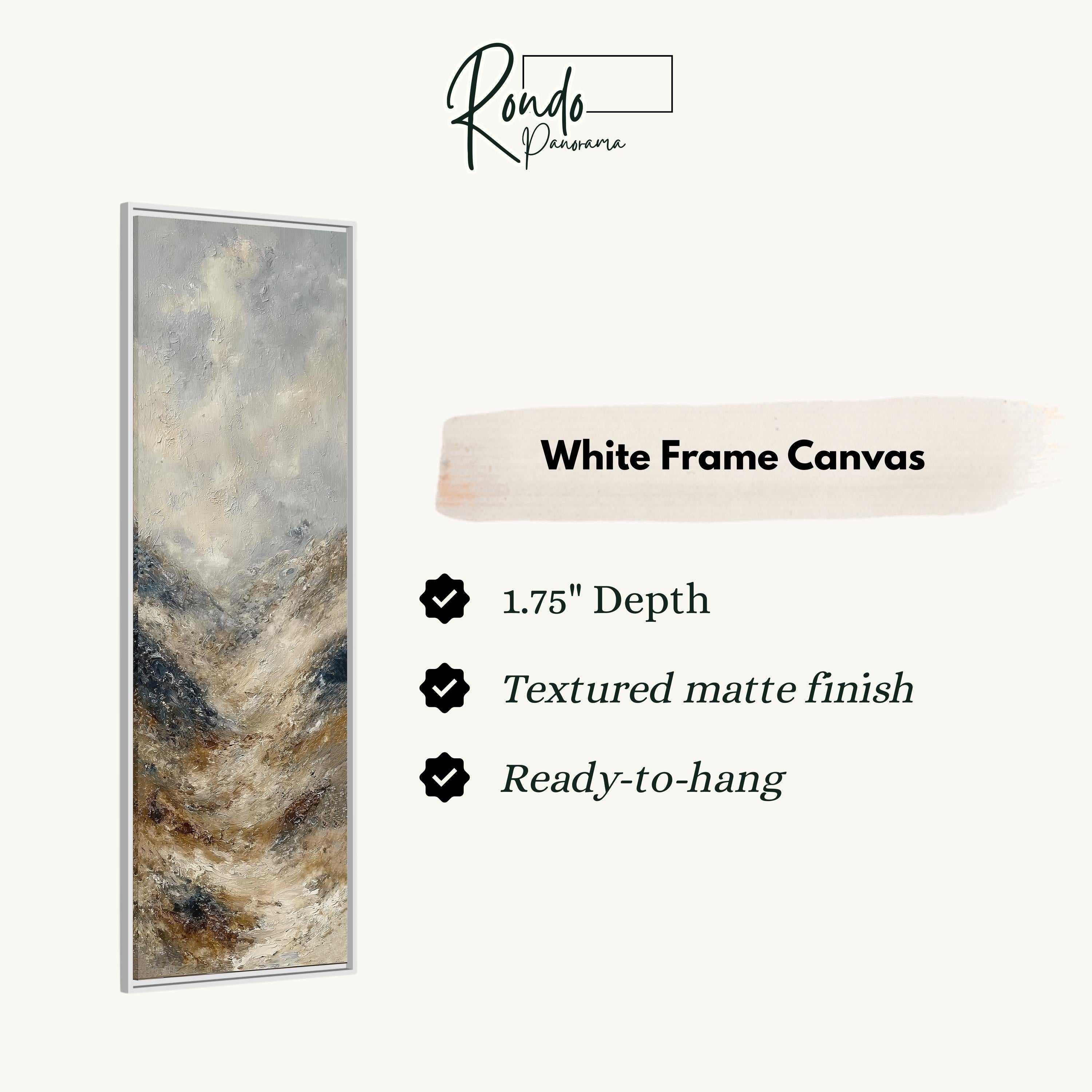 The image is a white frame canvas with a painting of a mountain landscape.