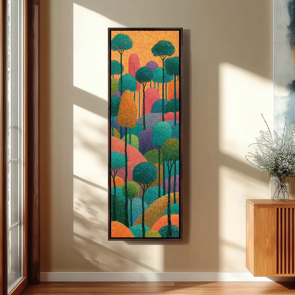 Dotted rainbow forest long vertical canvas print in a sunlit living space