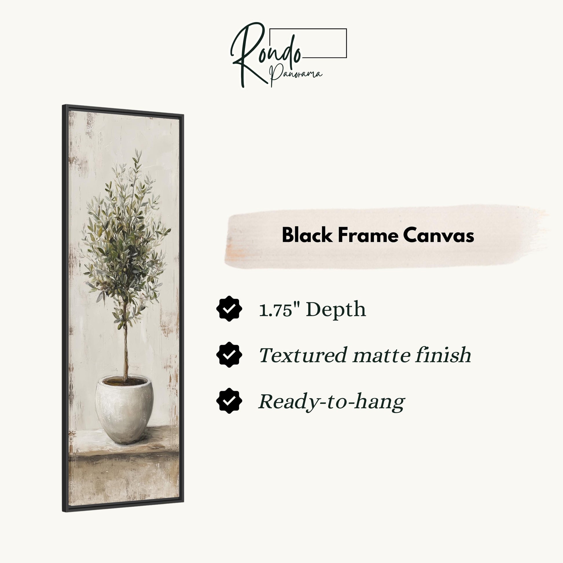 The image is a black frame canvas featuring a painting of a tree in a white pot.