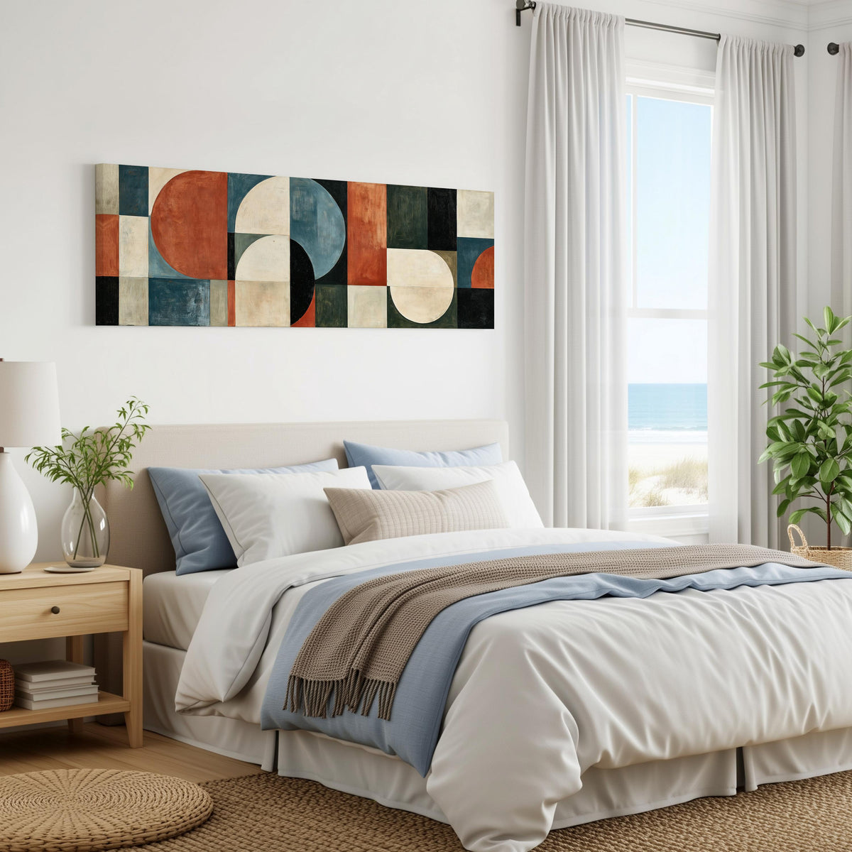 Rust and blue geometric arches and circles panoramic canvas print above a bed in a coastal bedroom