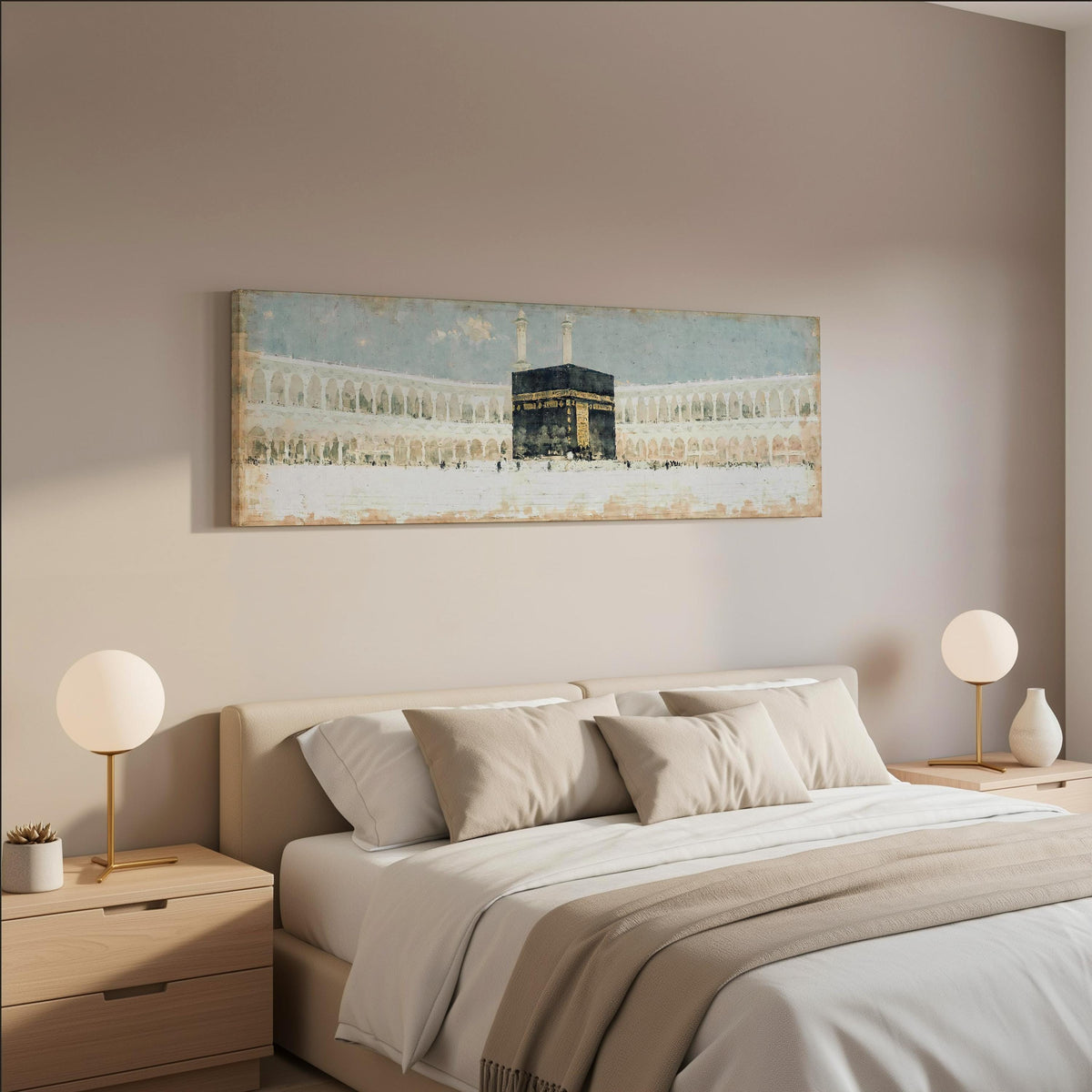 The Kaaba in the Grand Mosque courtyard wide panoramic canvas print above a bed in a neutral bedroom