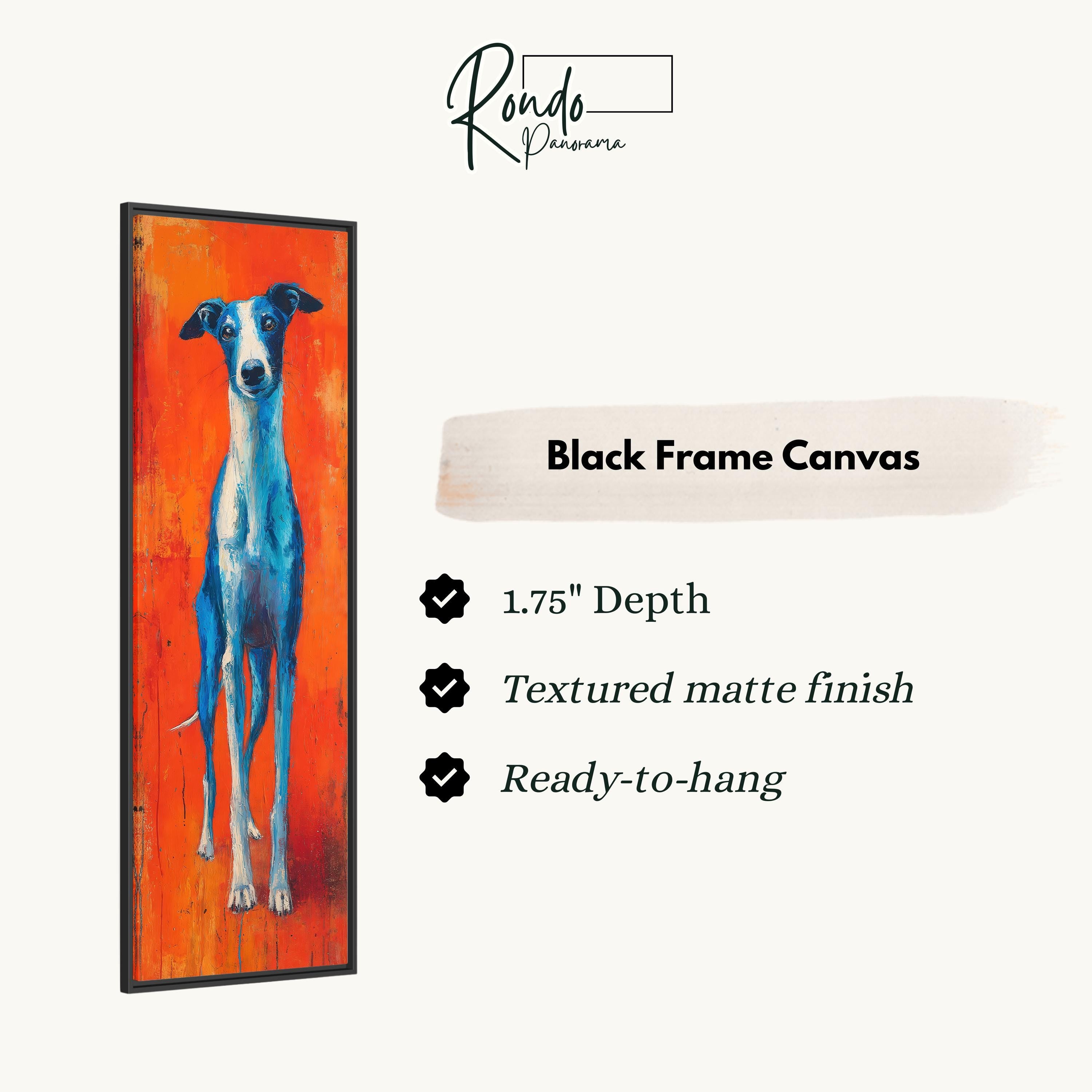 The image is a black frame canvas featuring a painting of a blue and white dog.