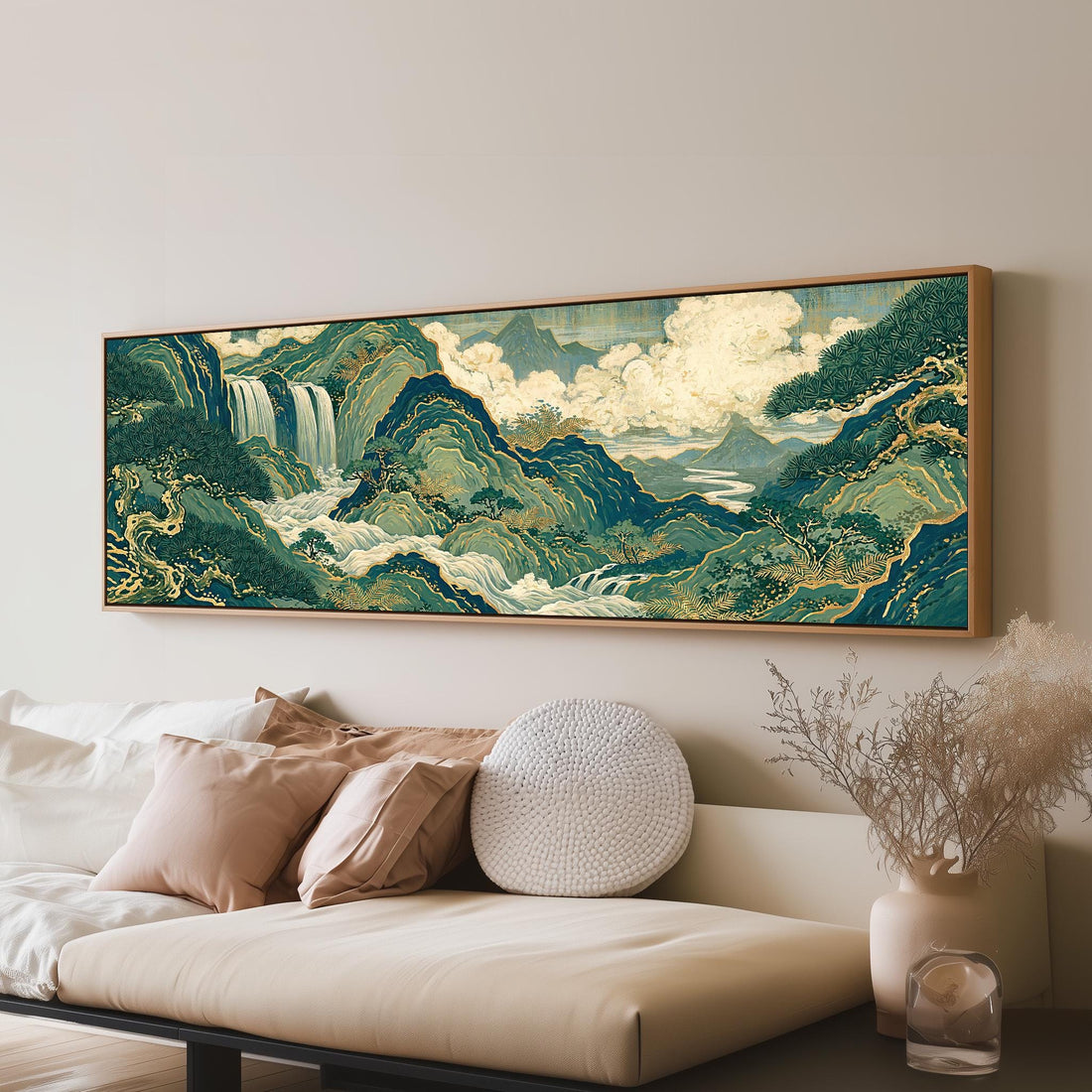 Emerald waterfall mountains with gold lines long horizontal canvas print above a sofa in a living room