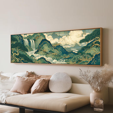 Emerald waterfall mountains with gold lines long horizontal canvas print above a sofa in a living room