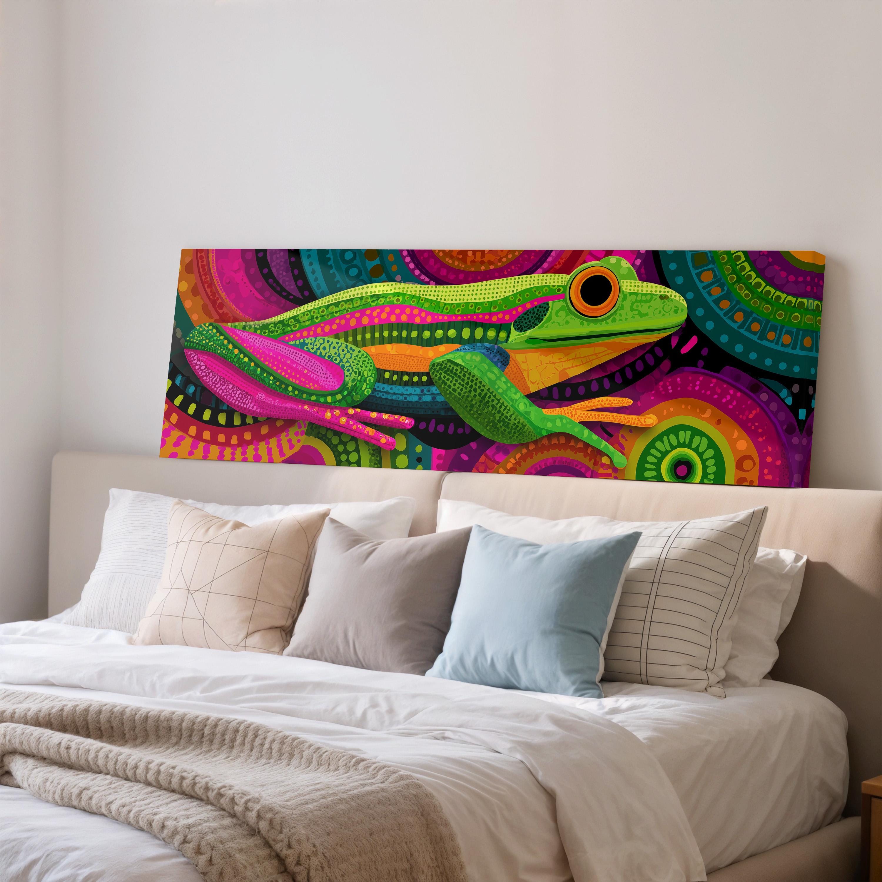 a large, colorful painting of a frog on a wall above a bed with white bedding and pillows.