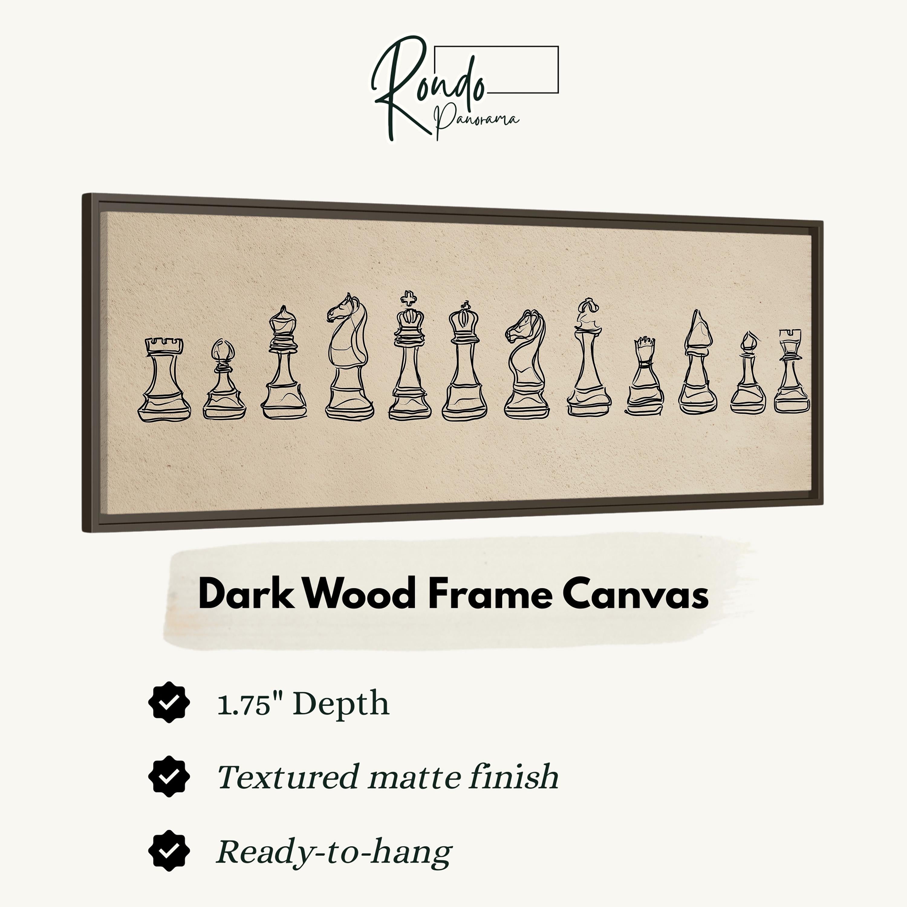 a dark wood frame canvas with a chessboard design on it.