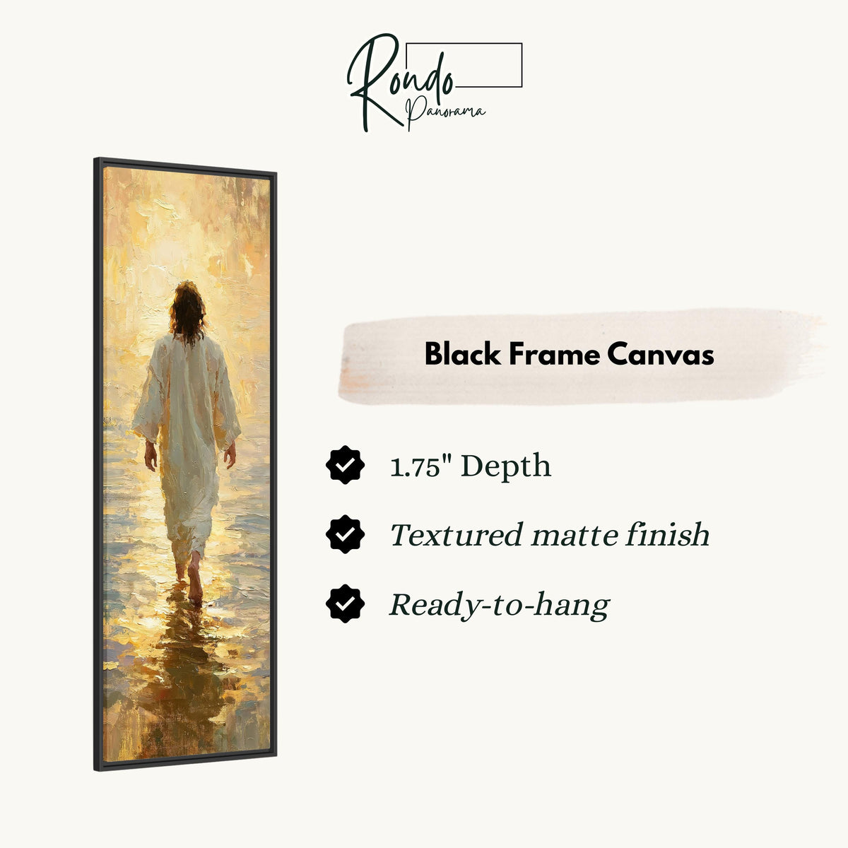 Jesus walking into golden light over water canvas print in a black floating frame