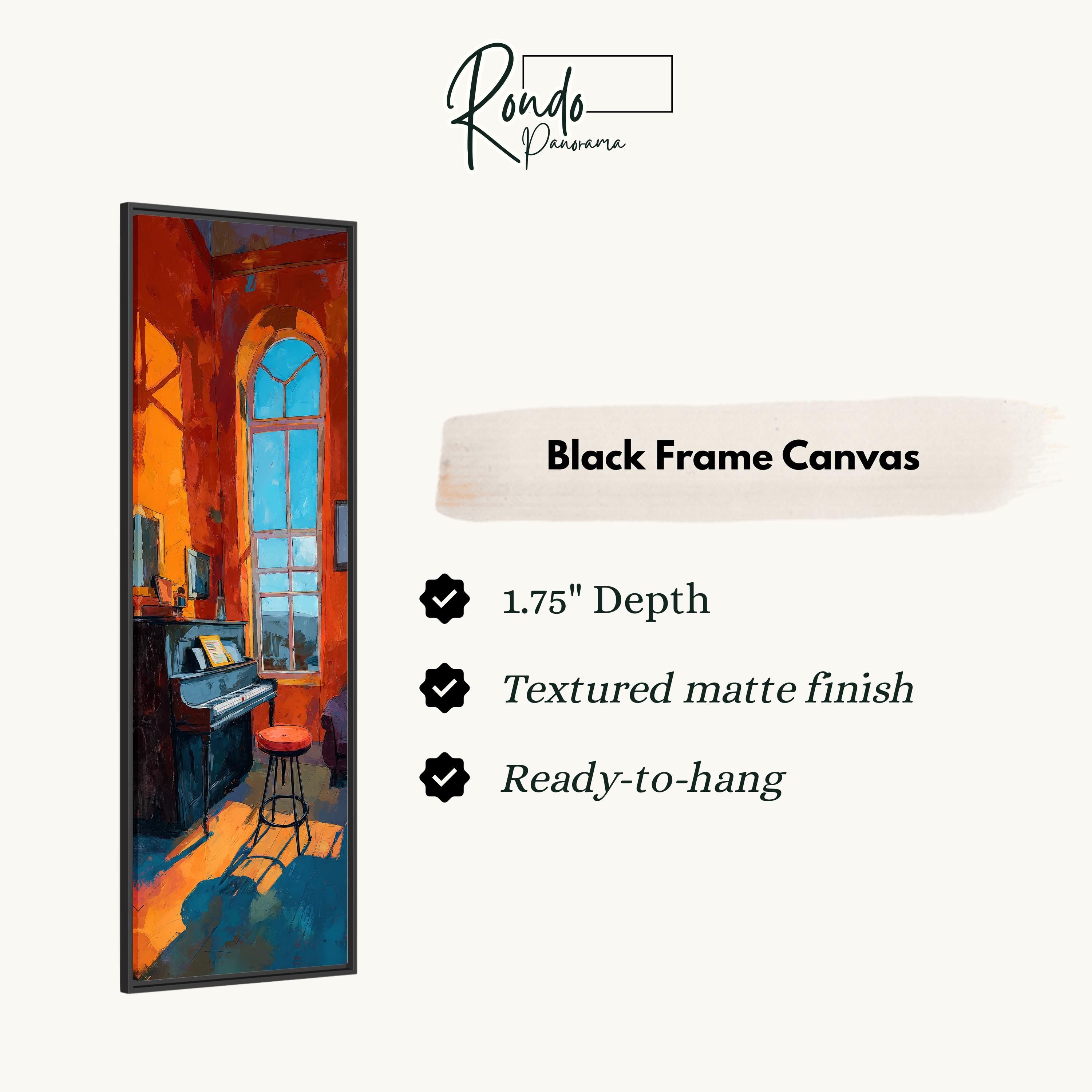 The image is a black frame canvas depicting a room with a piano and a stool.