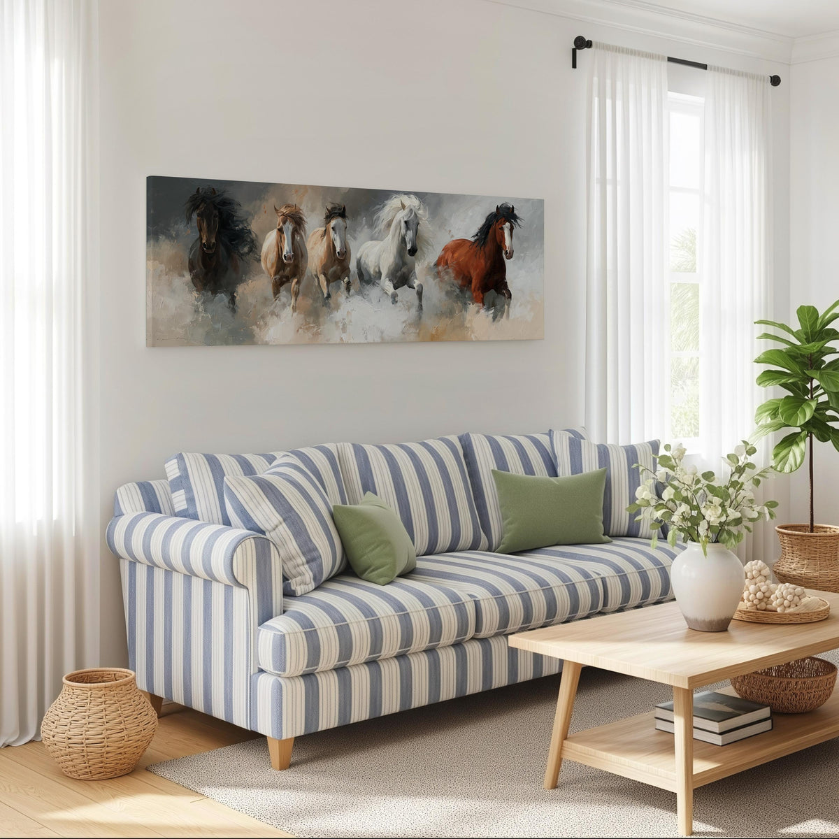 Five horses running through smoke long horizontal canvas print above a striped sofa in a coastal living room