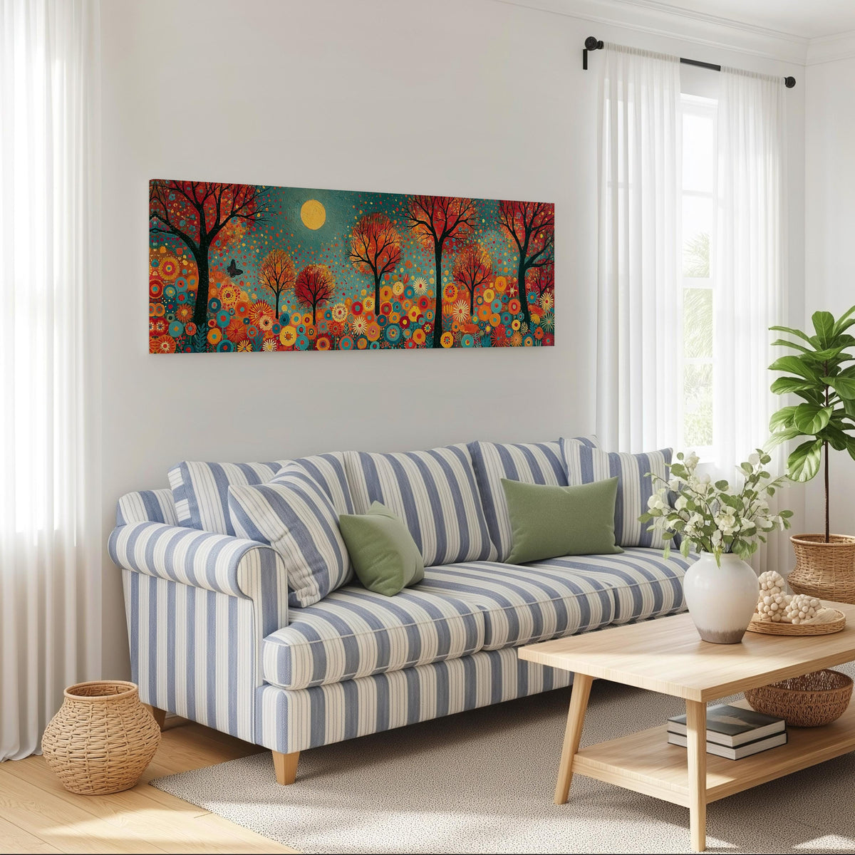 Folk art autumn forest with flowers long horizontal canvas print above a striped sofa in a coastal living room