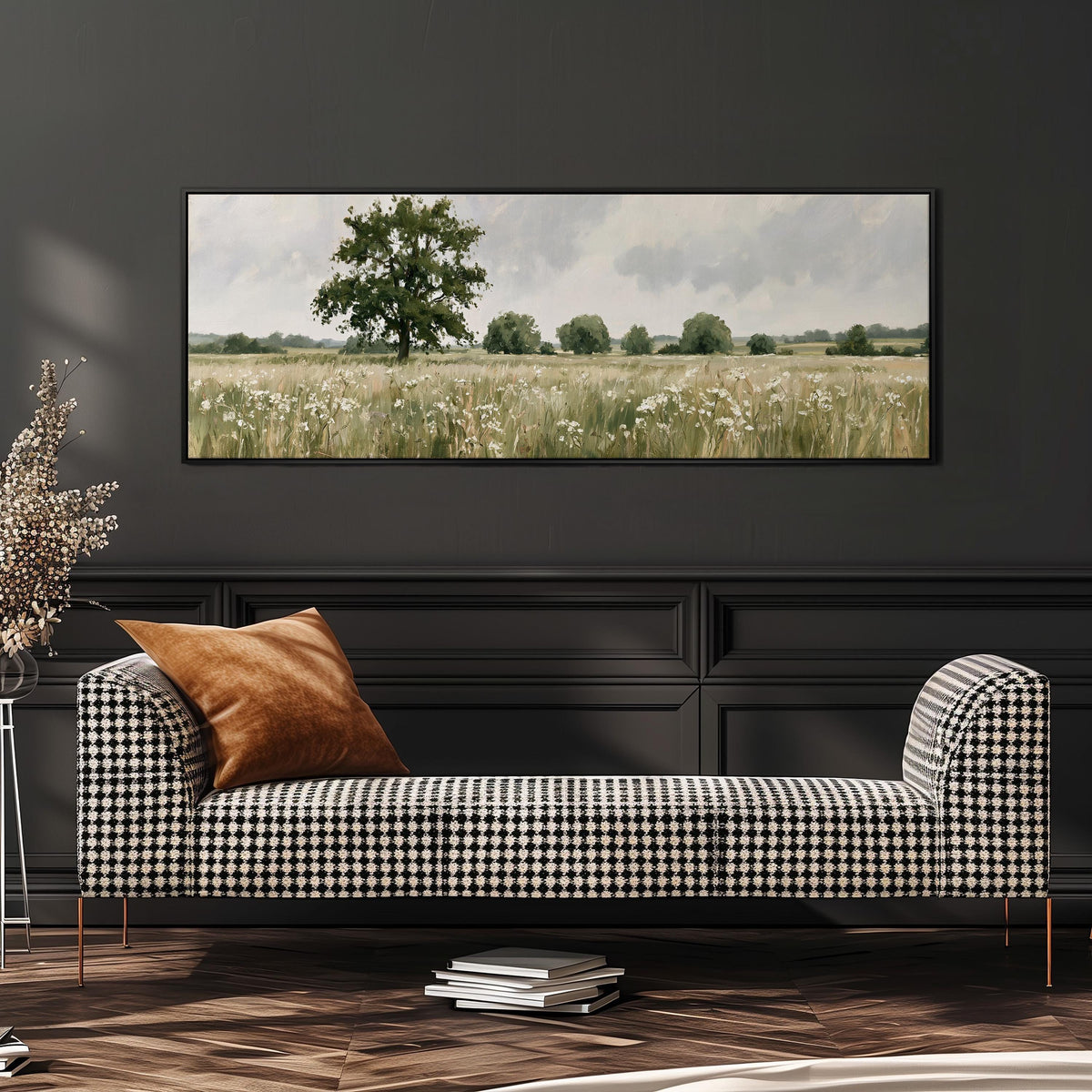 Lone oak tree in a daisy meadow wide panoramic canvas print above a bench in a dark living room