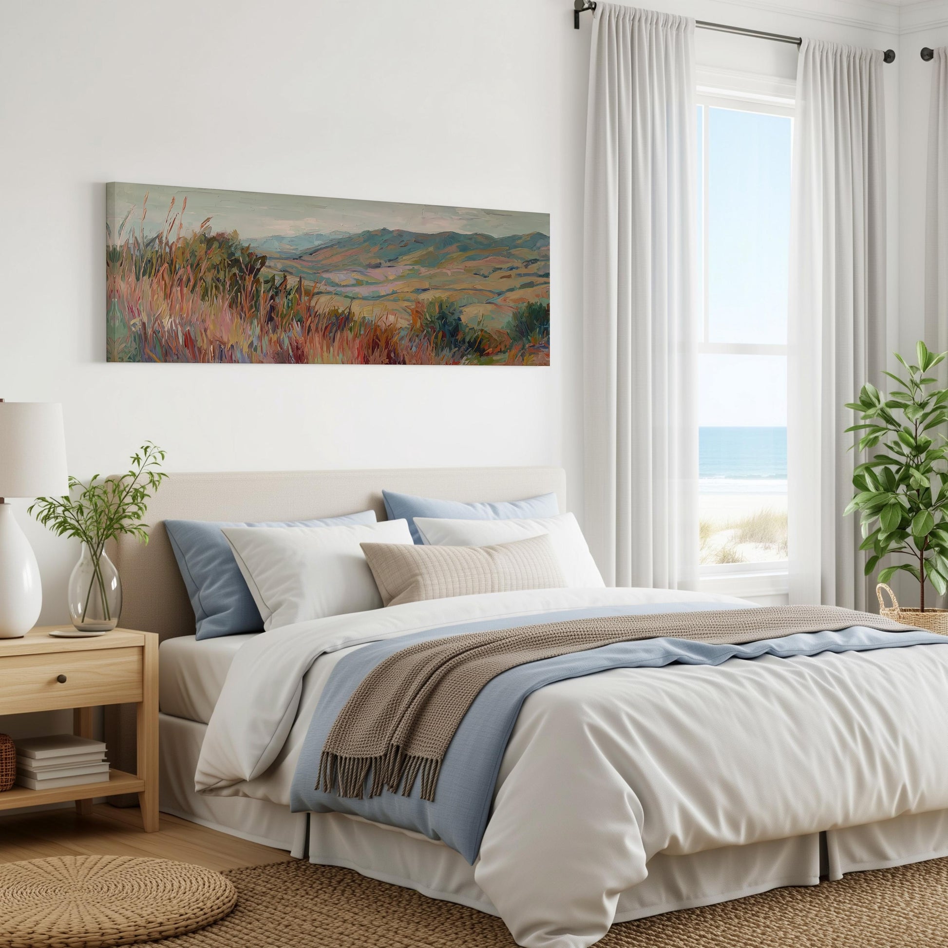 a serene bedroom with a large bed, a painting of a countryside landscape hanging on the wall, and a window overlooking the ocean.