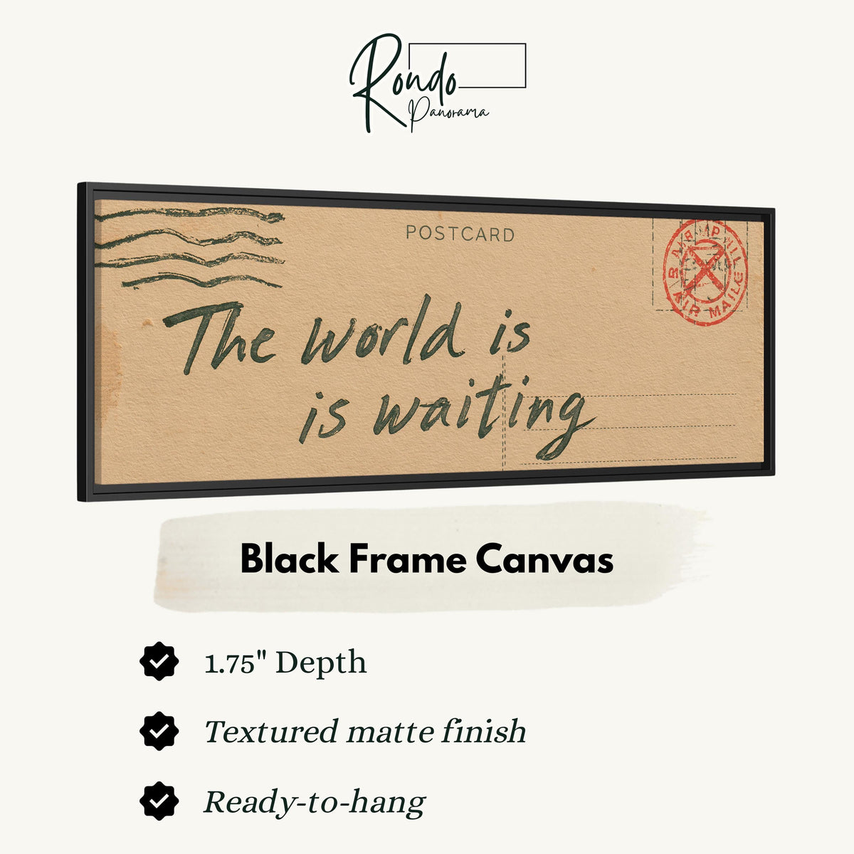Vintage postcard saying the world is waiting canvas print in a black floating frame